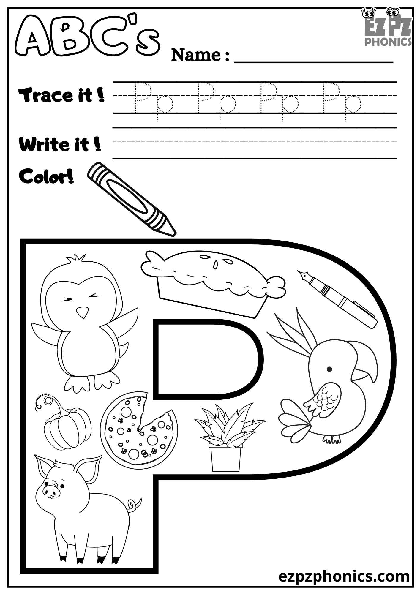 Letter P Trace, Write, and Color - ezpzphonics.com