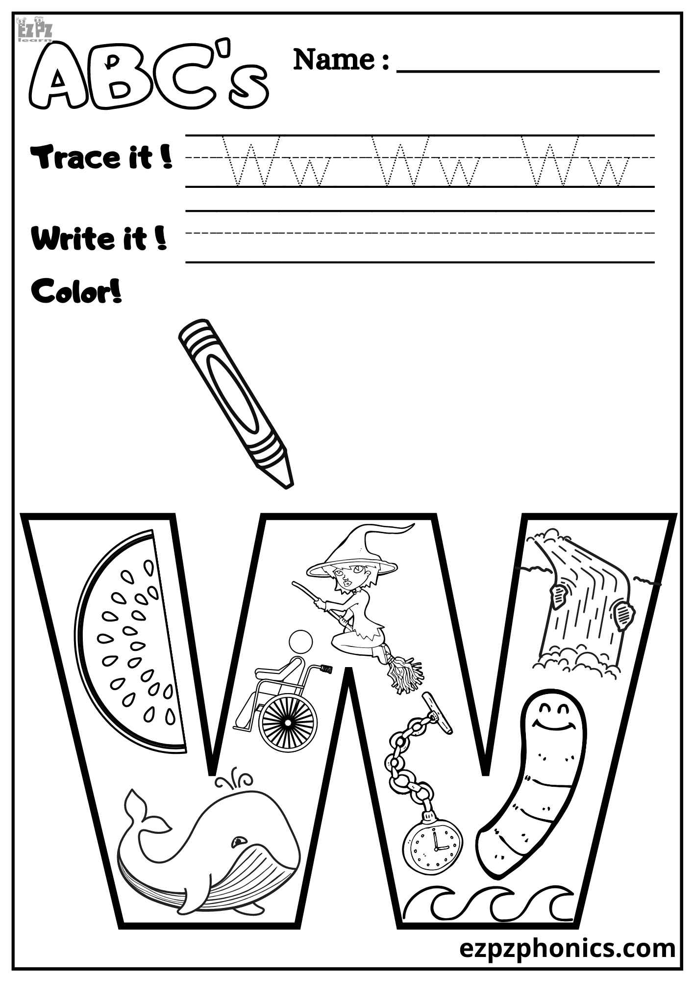 Letter W Trace, Write, and Color - ezpzphonics.com