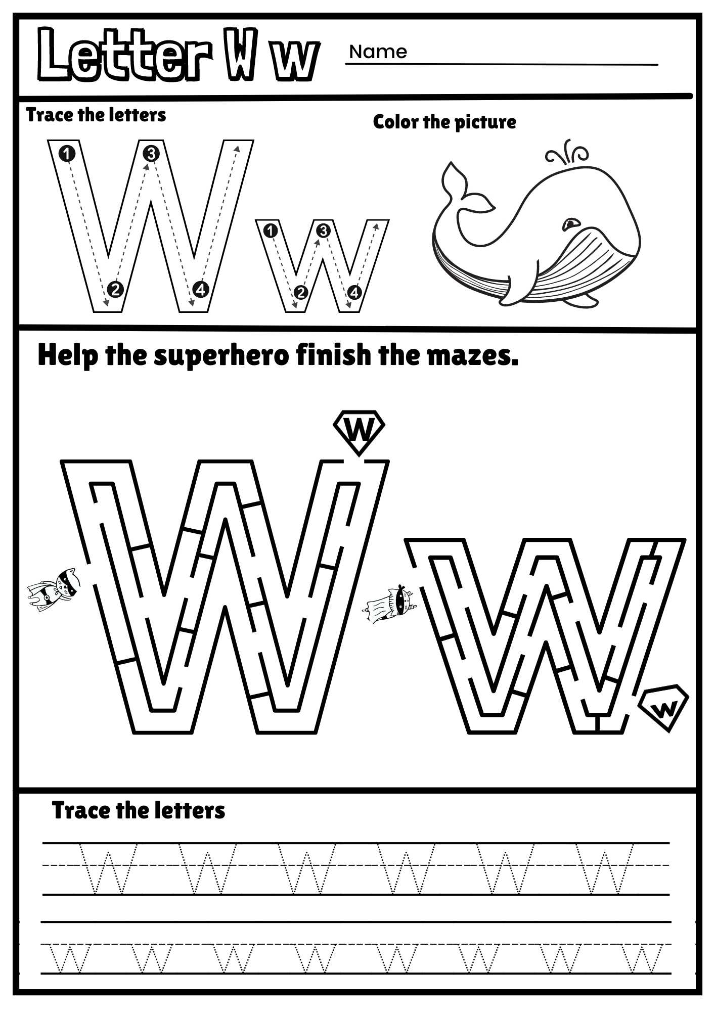 Letter W Alphabet Tracing And Coloring Free Printable PDF - ezpzphonics.com