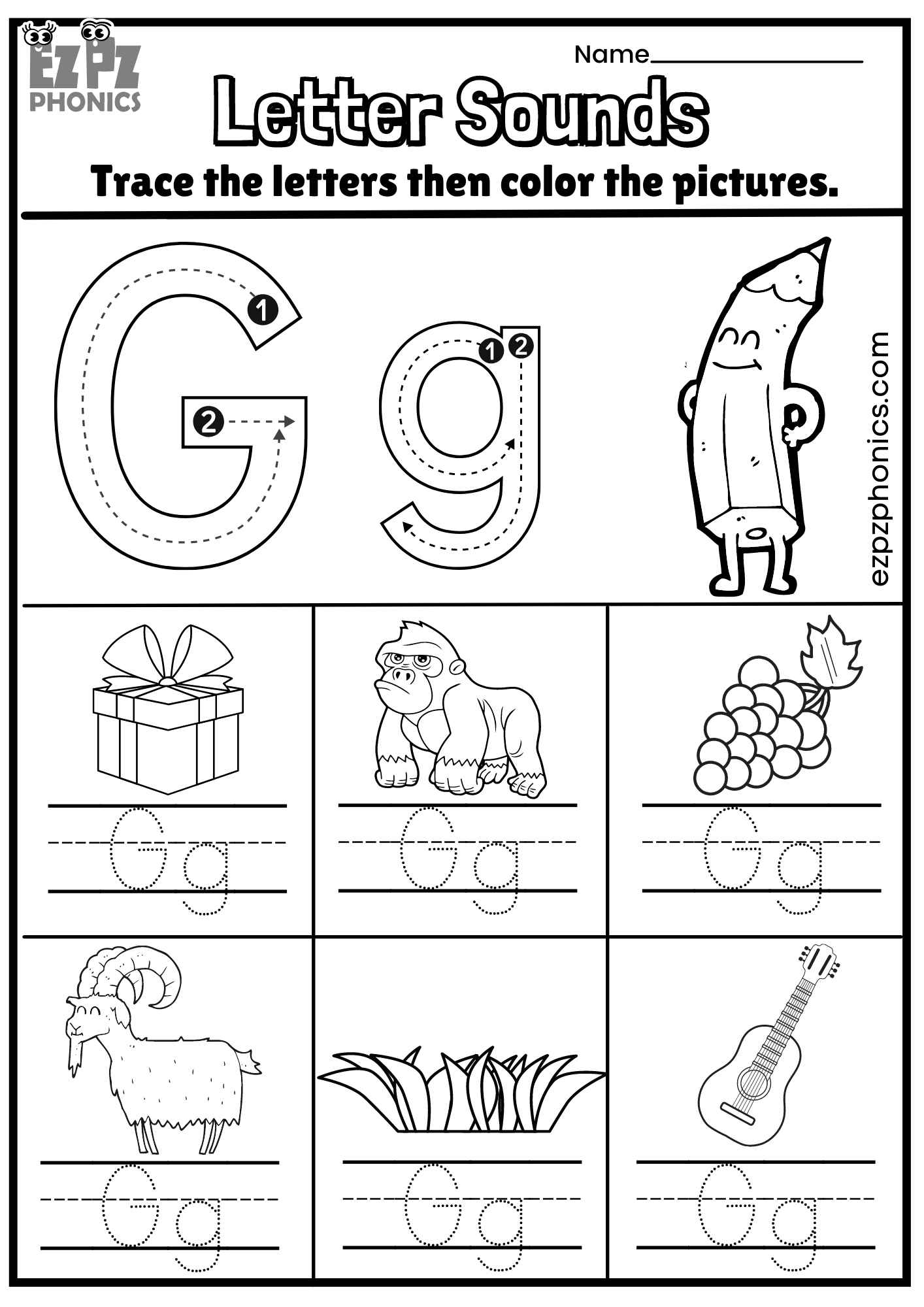 Letter Gg Trace and Color the Pictures Free PDF Download - ezpzphonics.com