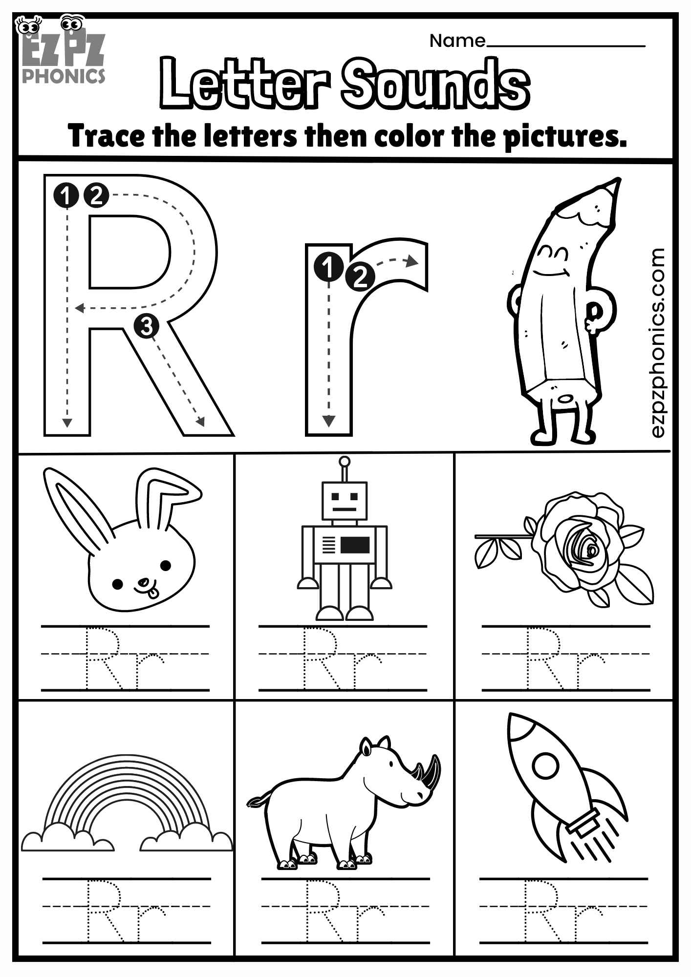 Letter Rr Trace and Color the Pictures Free PDF Download - ezpzphonics.com