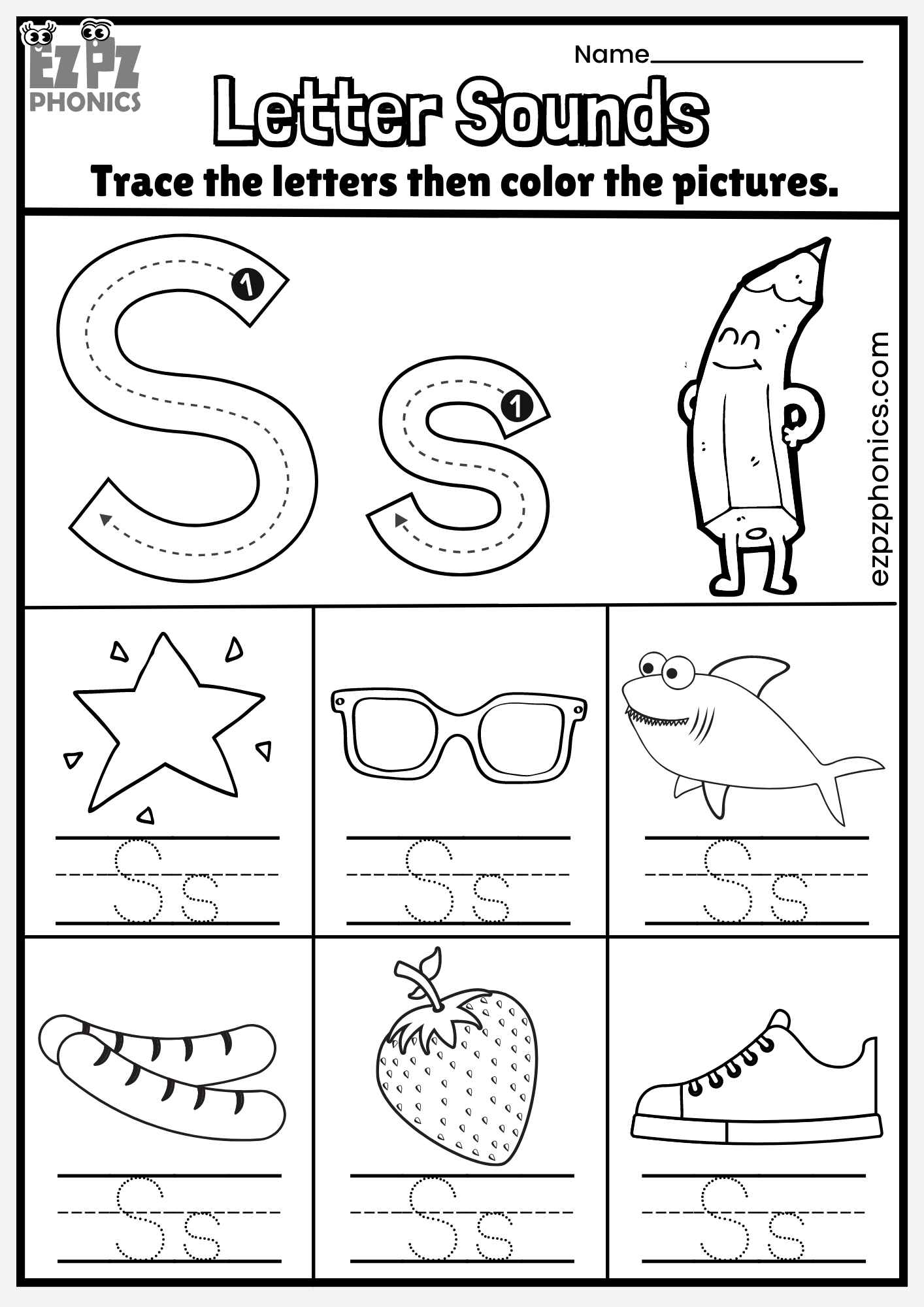 Letter Ss Trace and Color the Pictures Free PDF Download - ezpzphonics.com