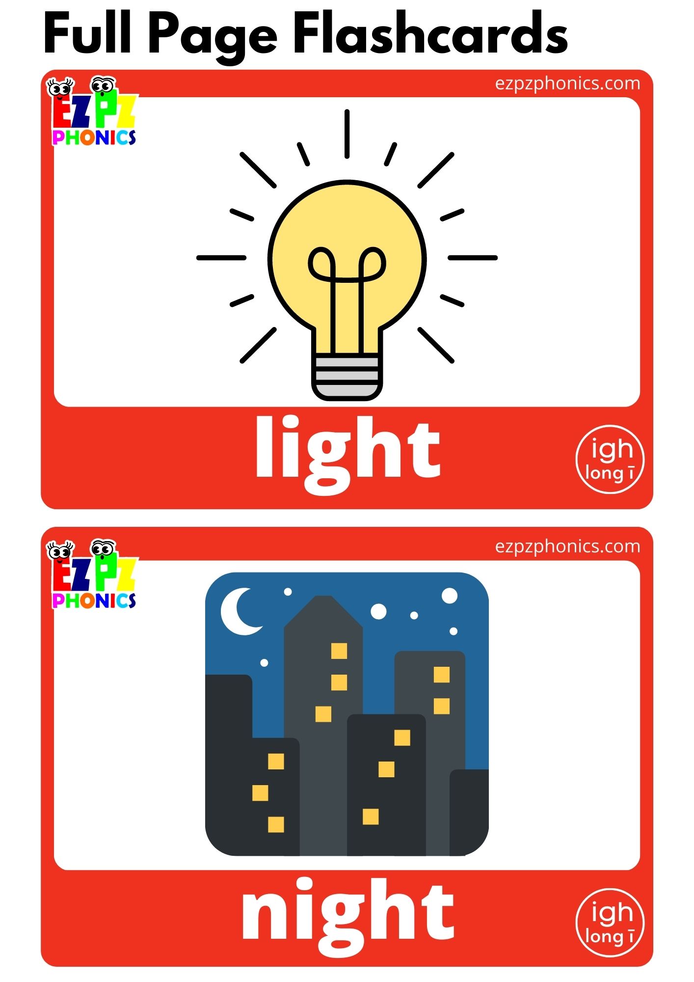 igh Words Long I Vowel Phonics Flashcards - ezpzphonics.com