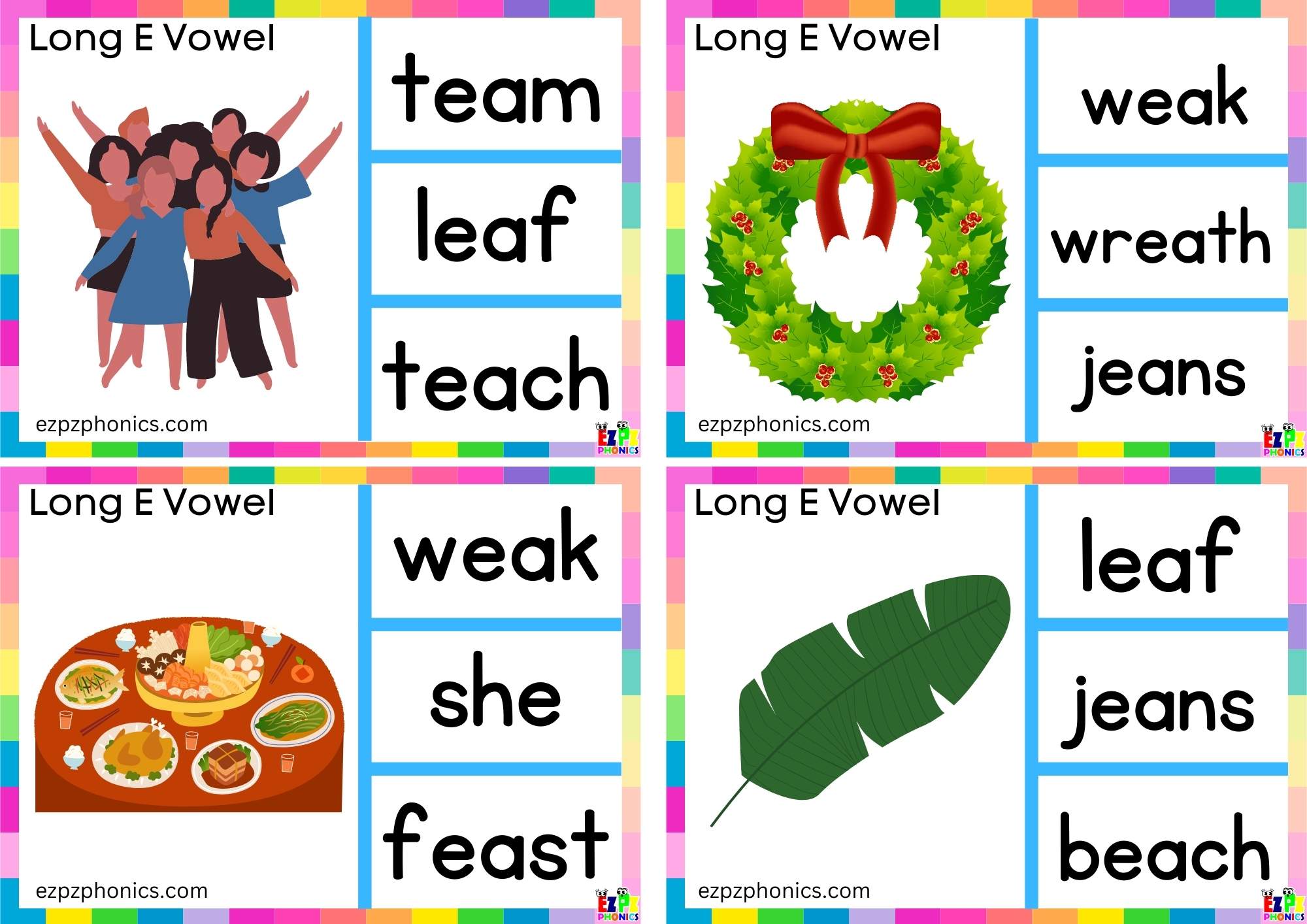 Look at the image and clip the correct word ea words Long e vowel Clip ...