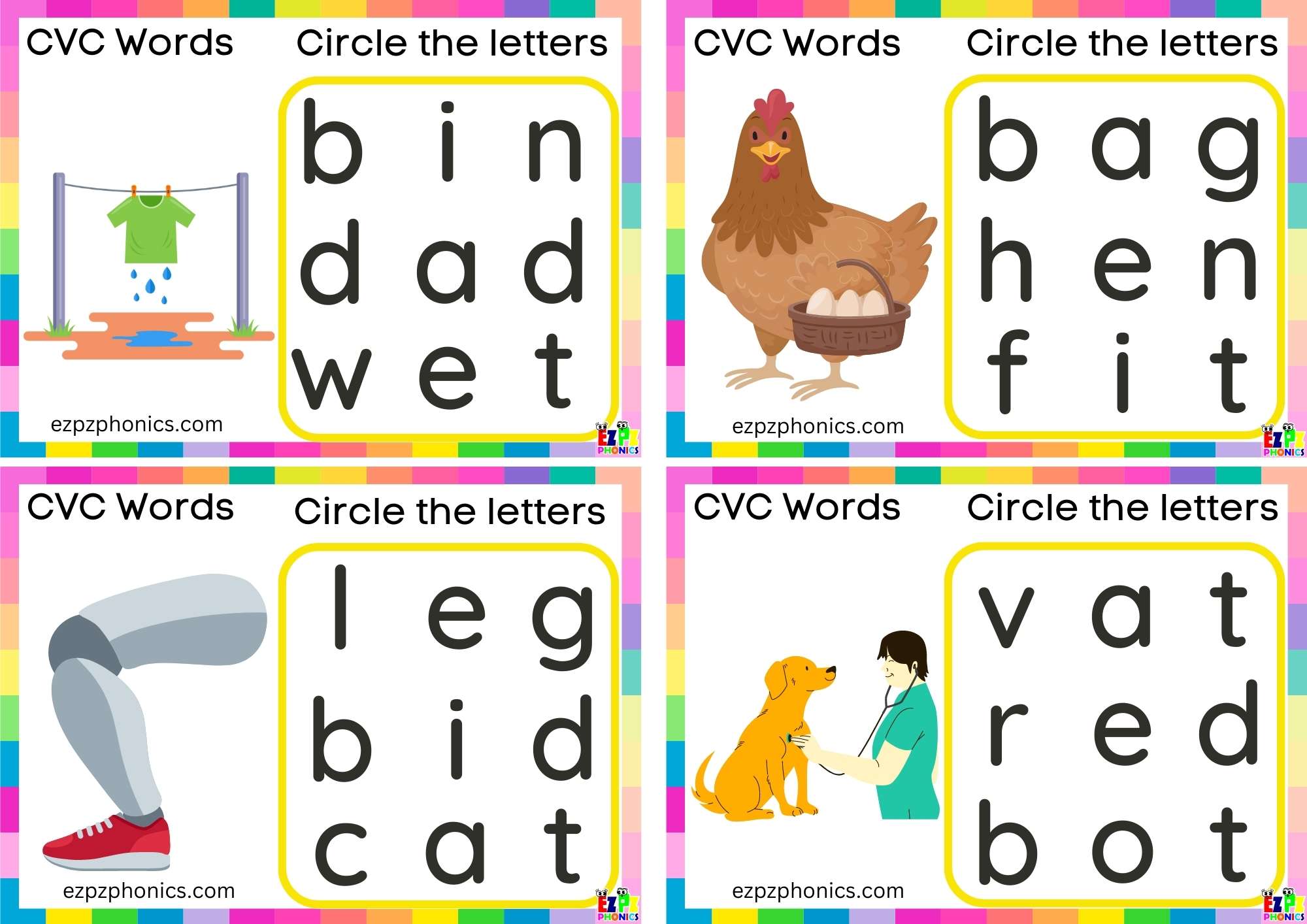 E Short Vowel Sound CVC Words - ezpzphonics.com