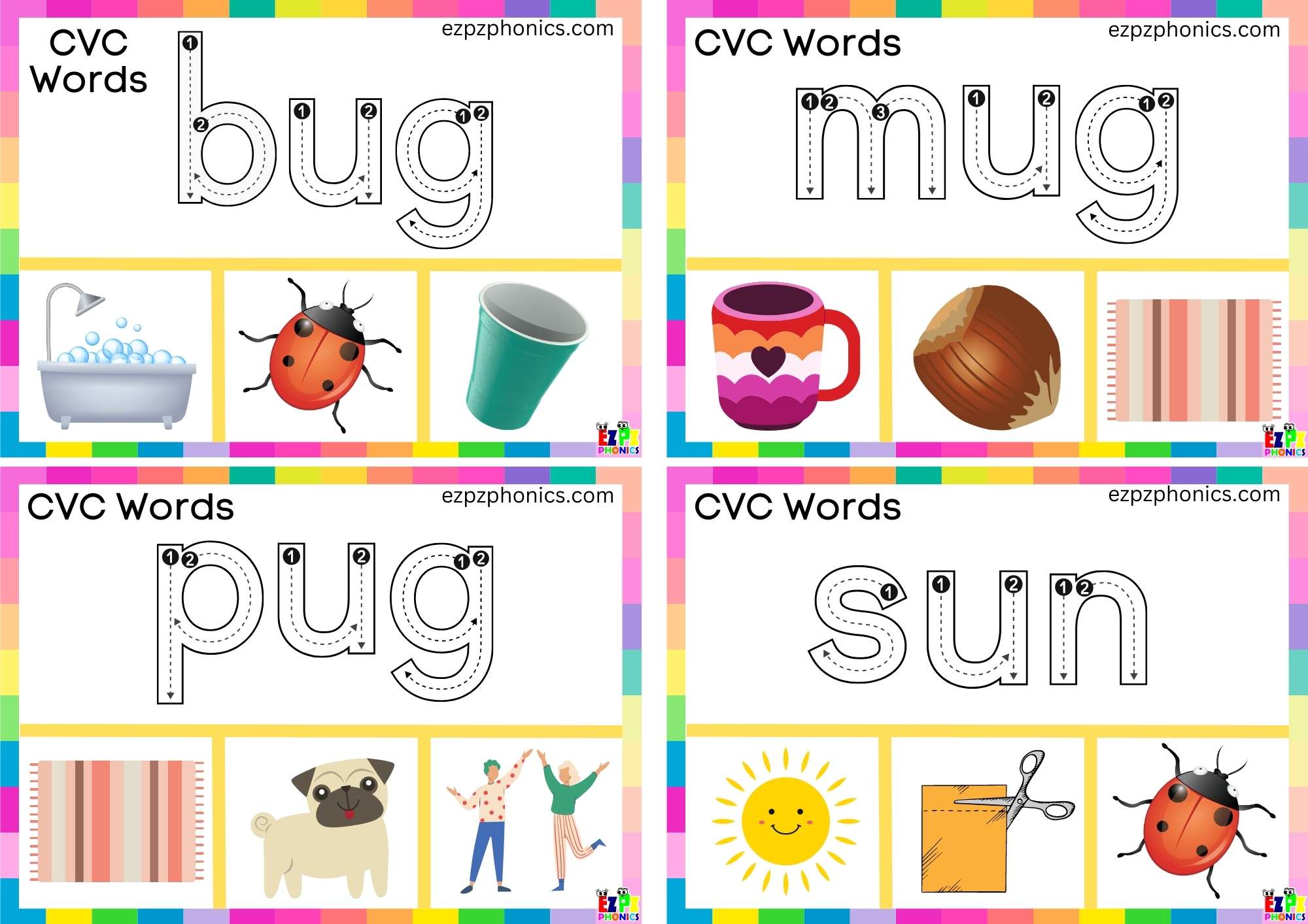 Short u Vowel CVC words Trace the letters and clip the correct image ...