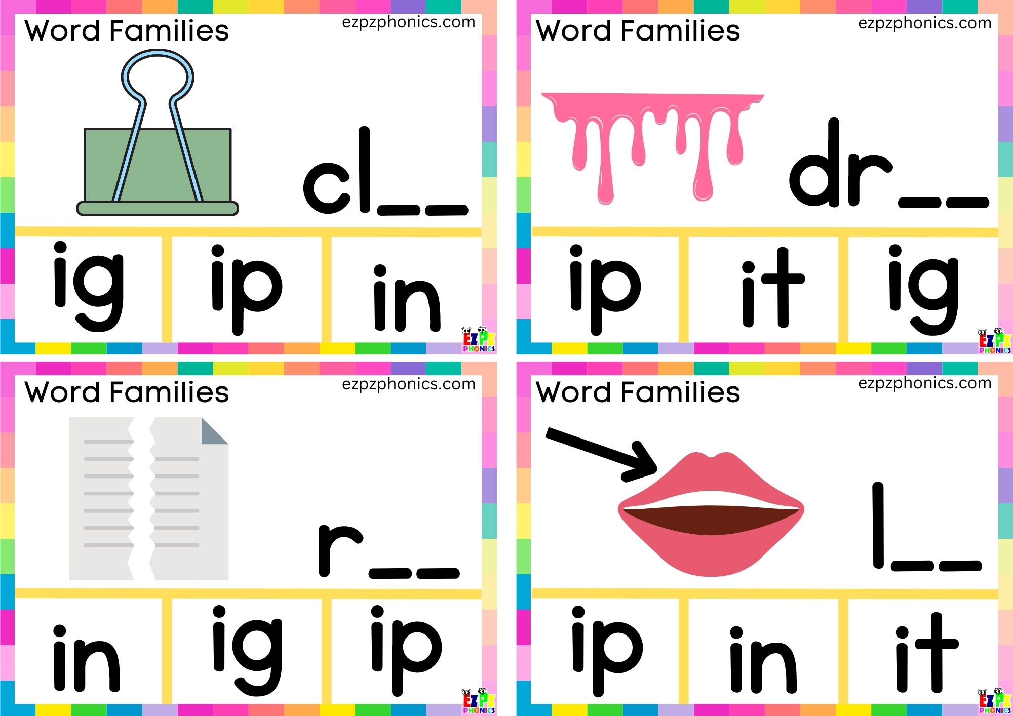 Word Family ip Finish the word and clip the correct letters group 1 ...