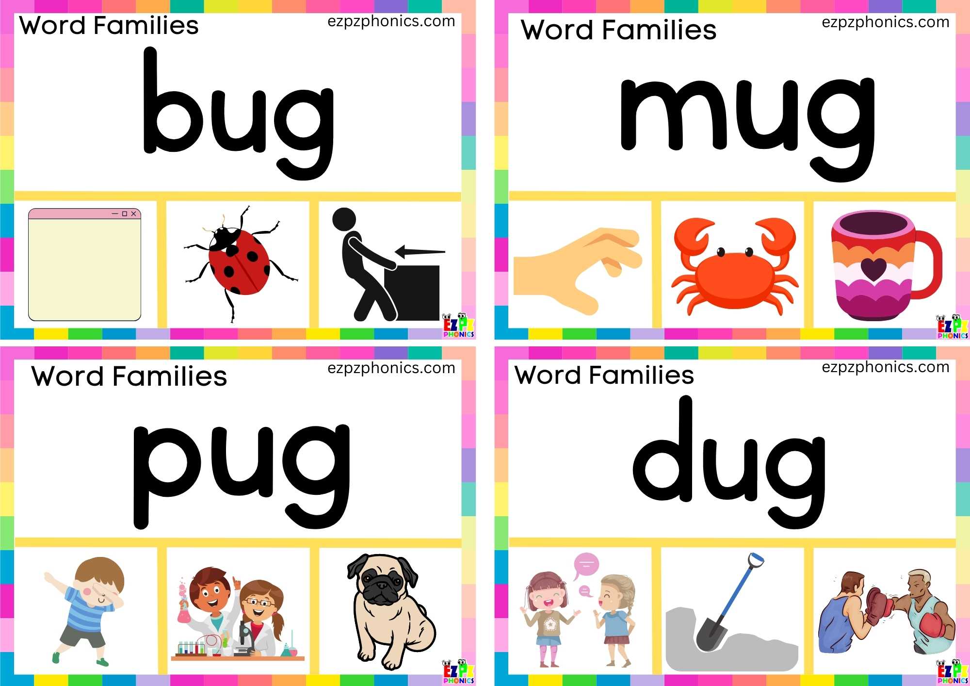 Read the word and clip the correct image Clip cards for Word Family ug ...