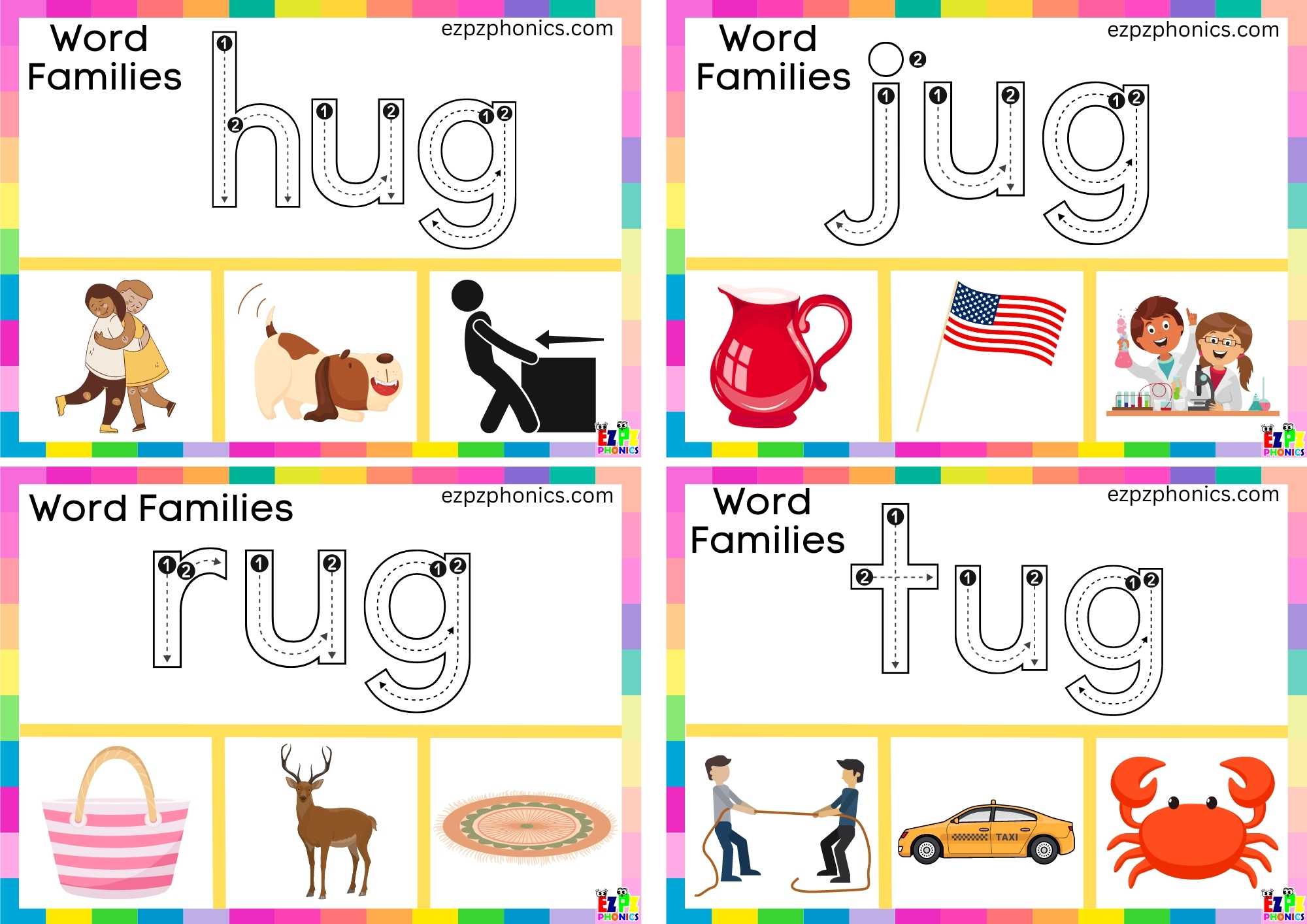 Trace the word and clip the correct image Clip cards for word family ug ...