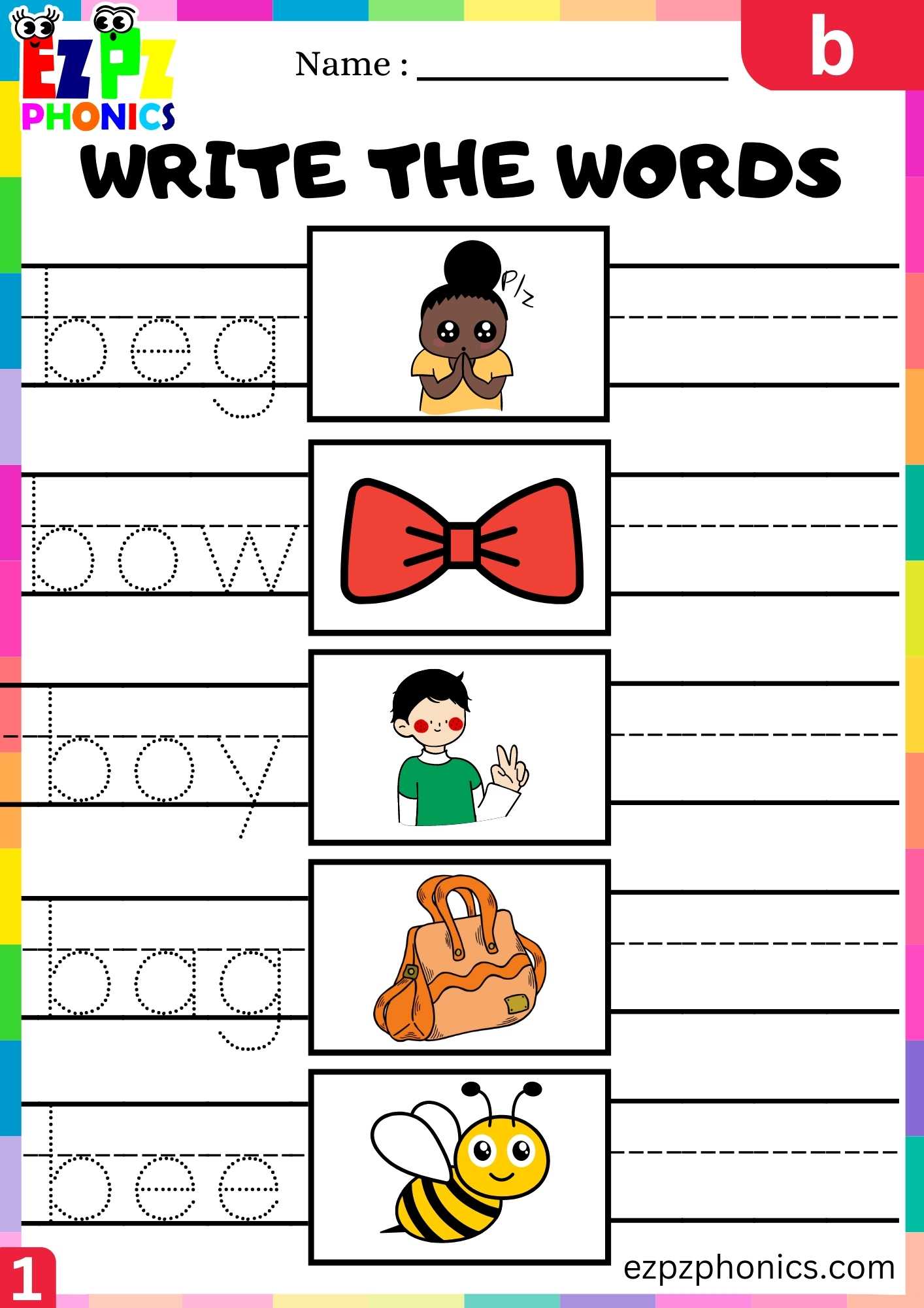 Letter b Write the Words Beginning Sounds Worksheet - ezpzphonics.com