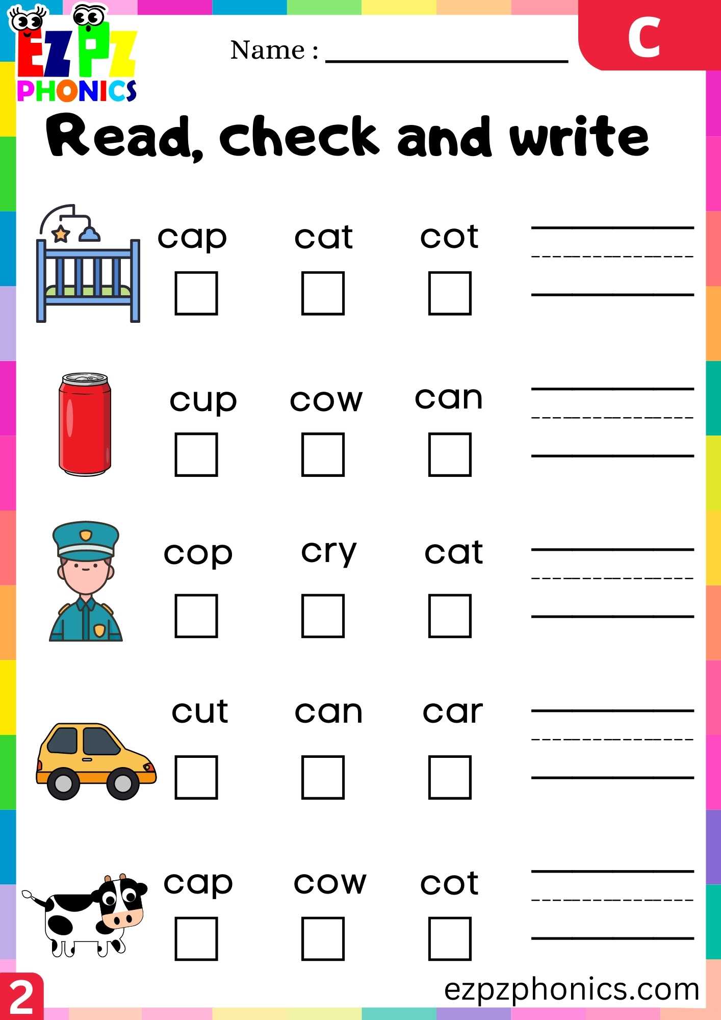 Group2 Letter C Read, Check And Write Beginning Sounds Worksheet ...