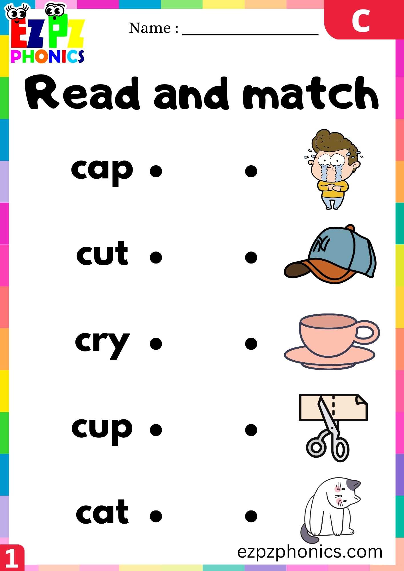 Letter C Read And Match Beginning Sounds Worksheet - ezpzphonics.com