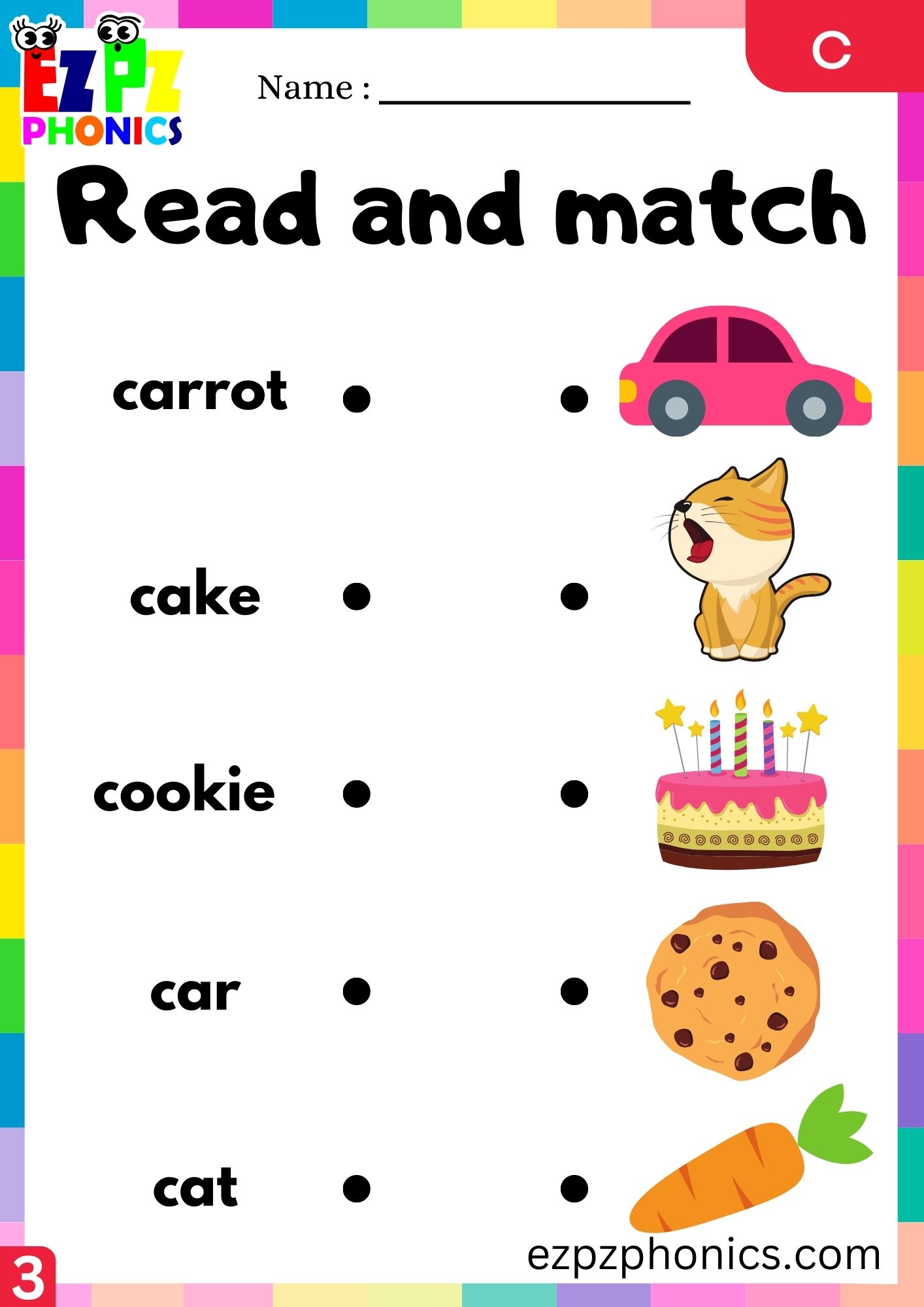 Letter c Beginning Sound Read and Match Group 3 - ezpzphonics.com