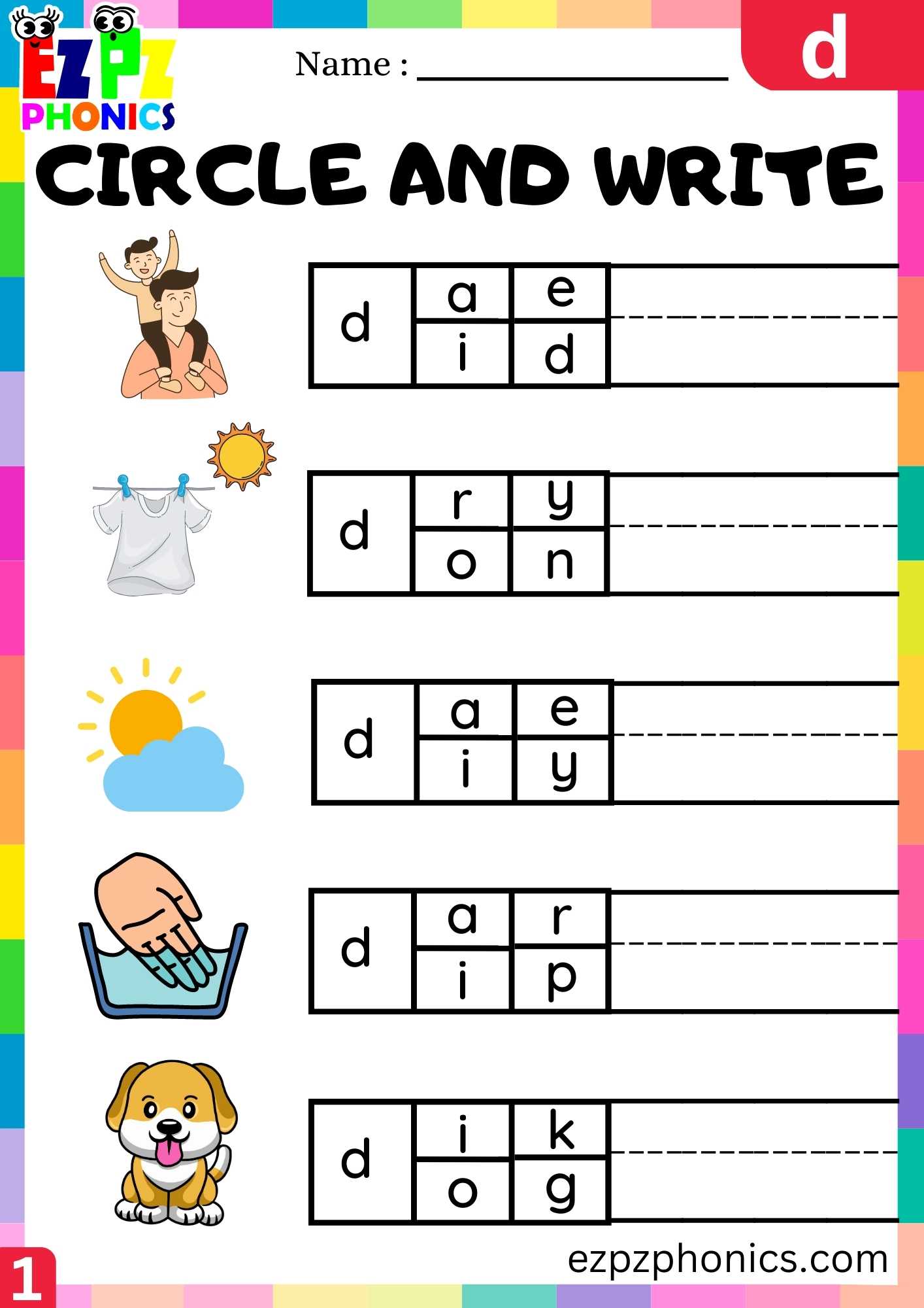 Letter D Circle And Write Beginning Sounds Worksheet - ezpzphonics.com