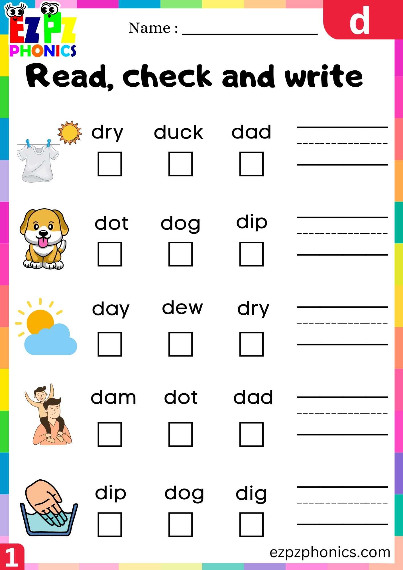 Letter D Read, Check And Write Beginning Sounds Worksheet - ezpzphonics.com