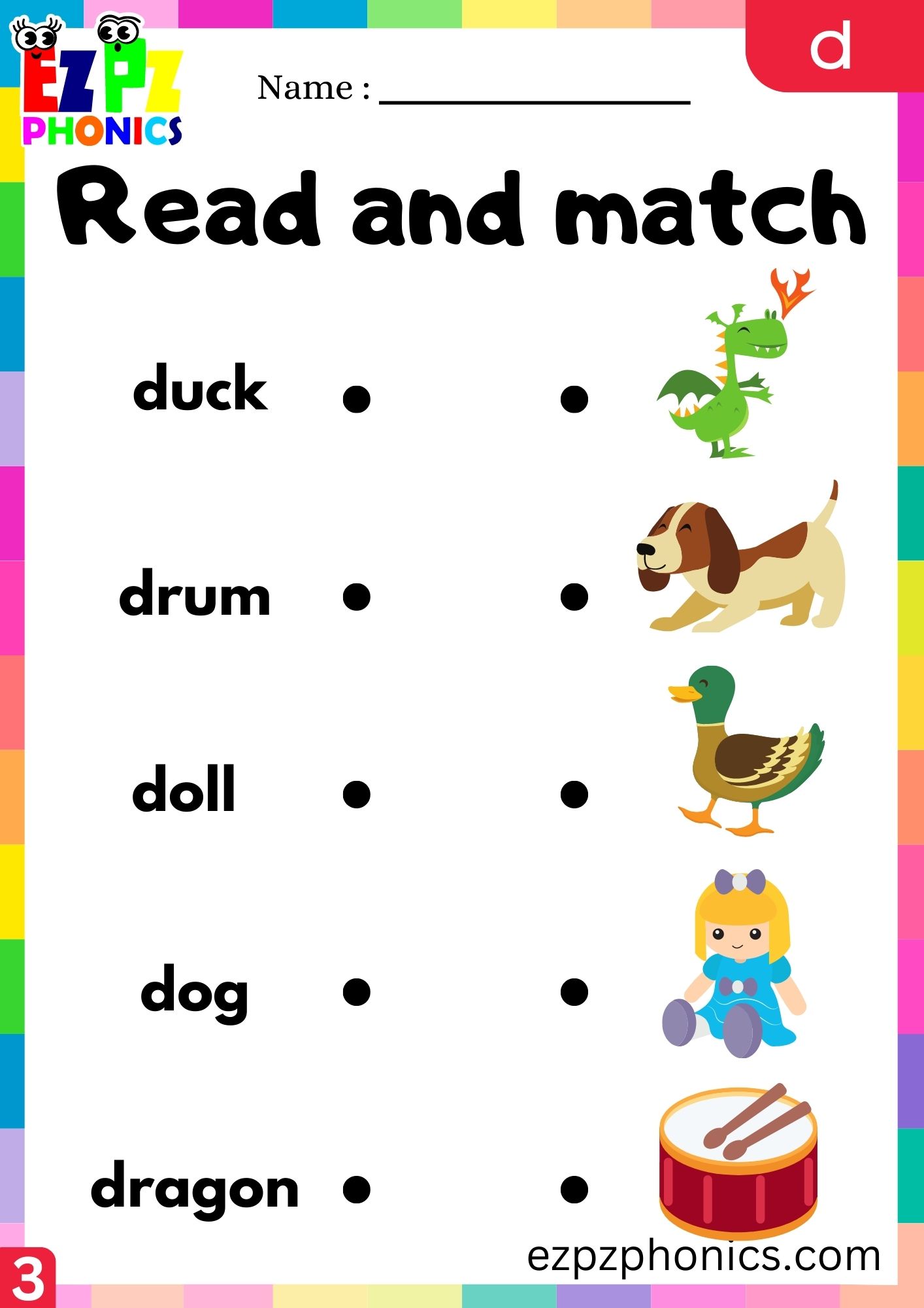 Letter d Read and Match the Images Phonics Activity for Kids Group 3 ...