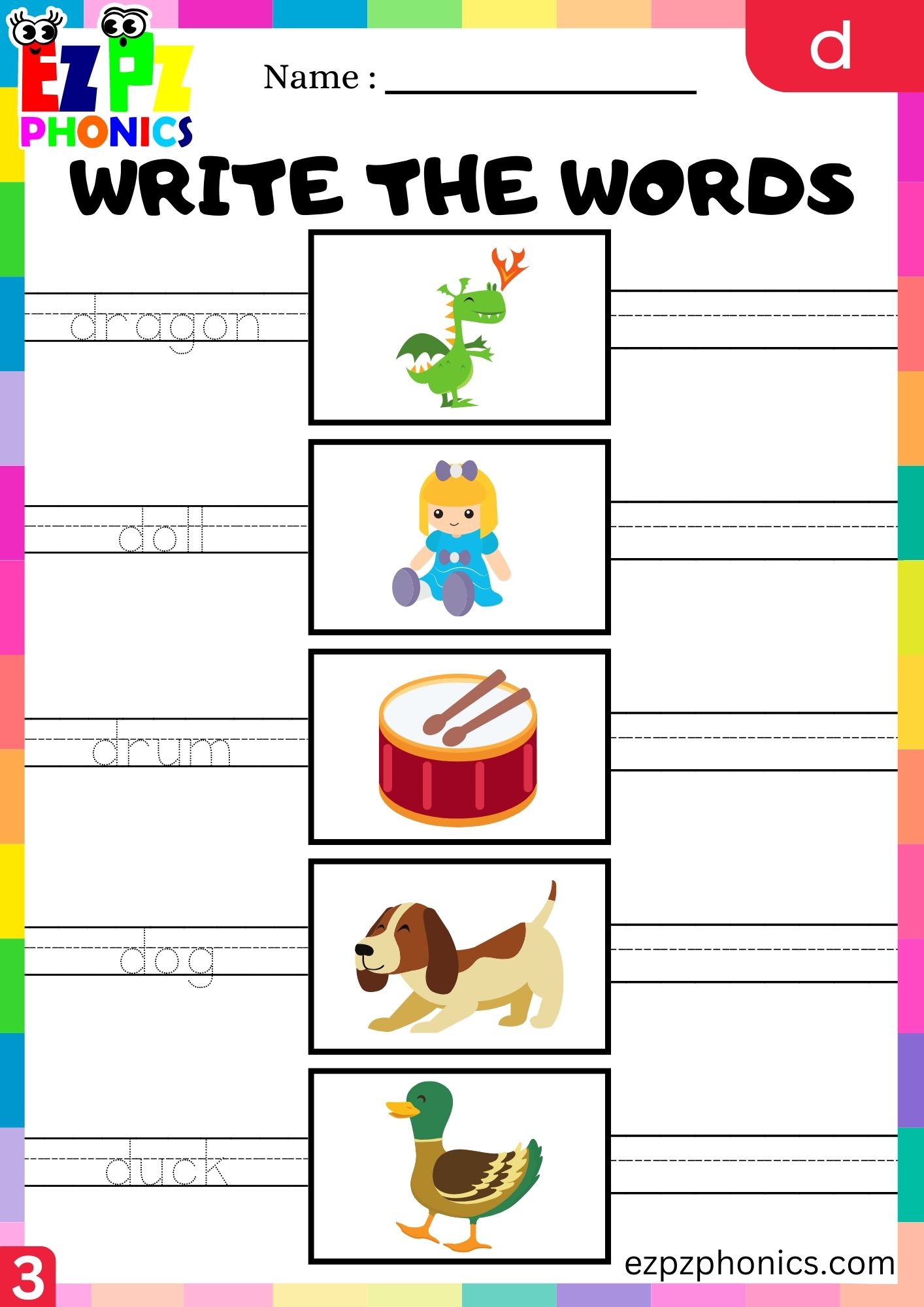 Letter d Write the Words Phonics Activity for Kids Group 3 ...