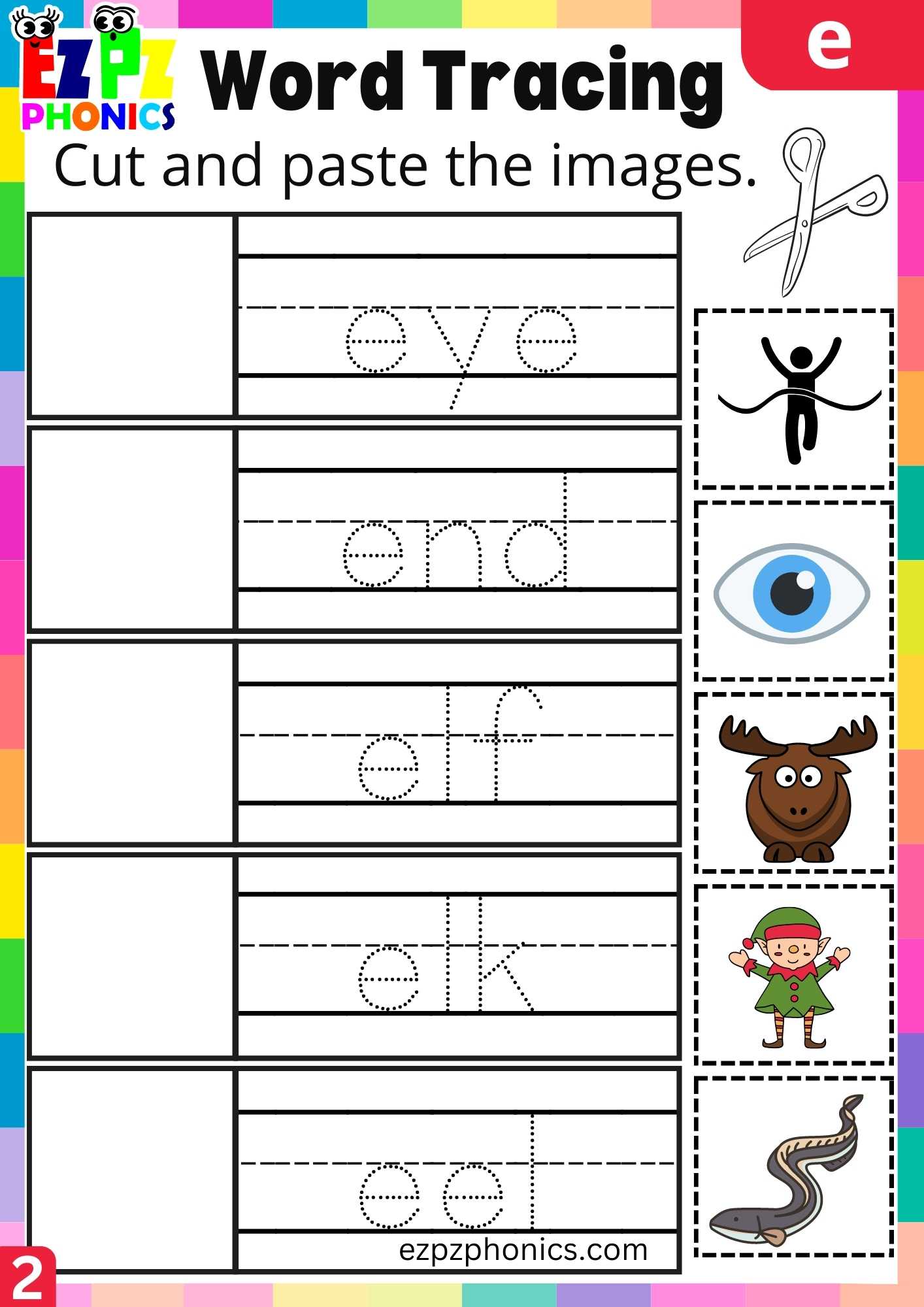 Group2 Letter E Word Tracing Beginning Sounds Worksheet - ezpzphonics.com