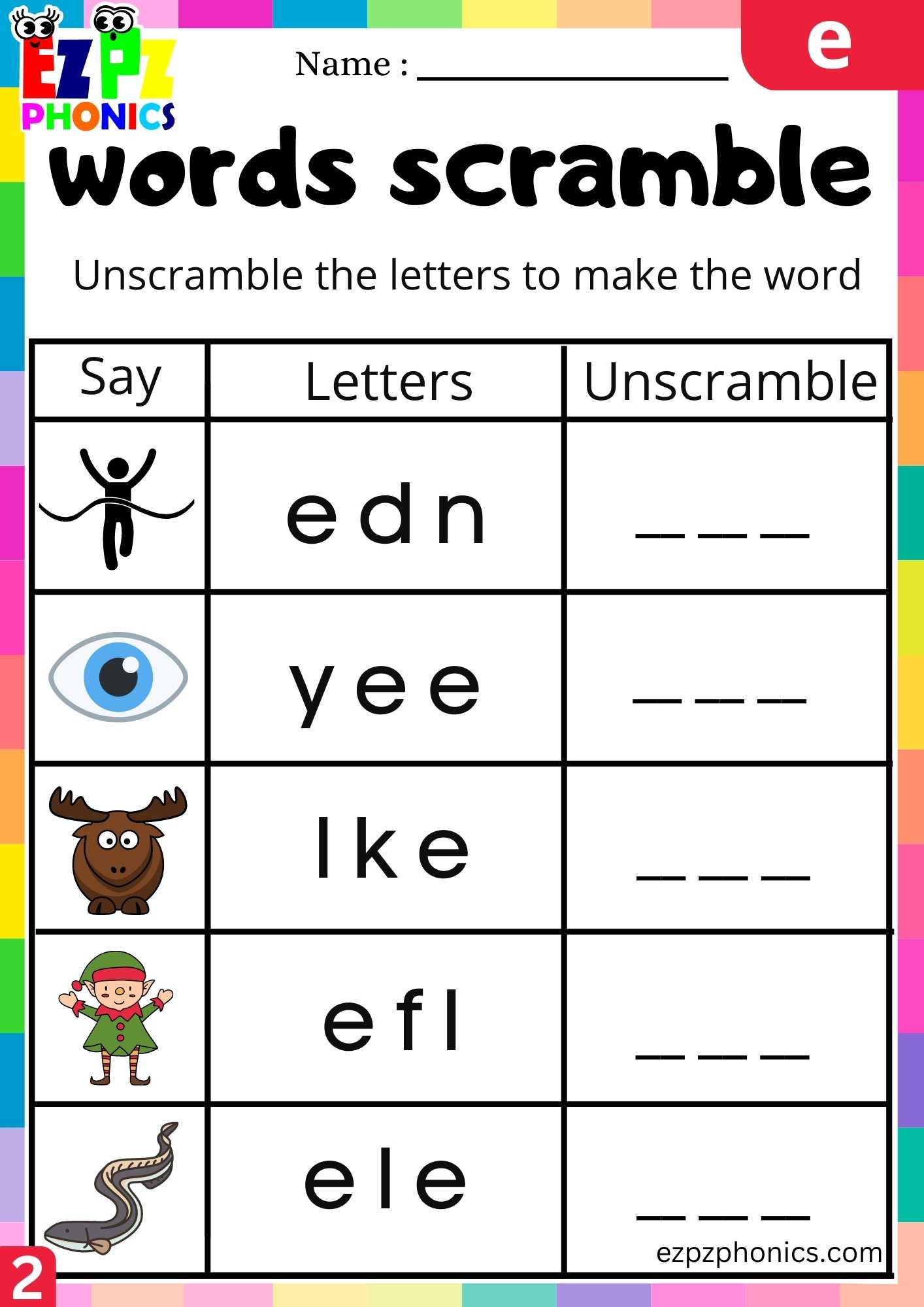 Group2 Letter E Words Scramble Beginning Sounds Worksheet - ezpzphonics.com