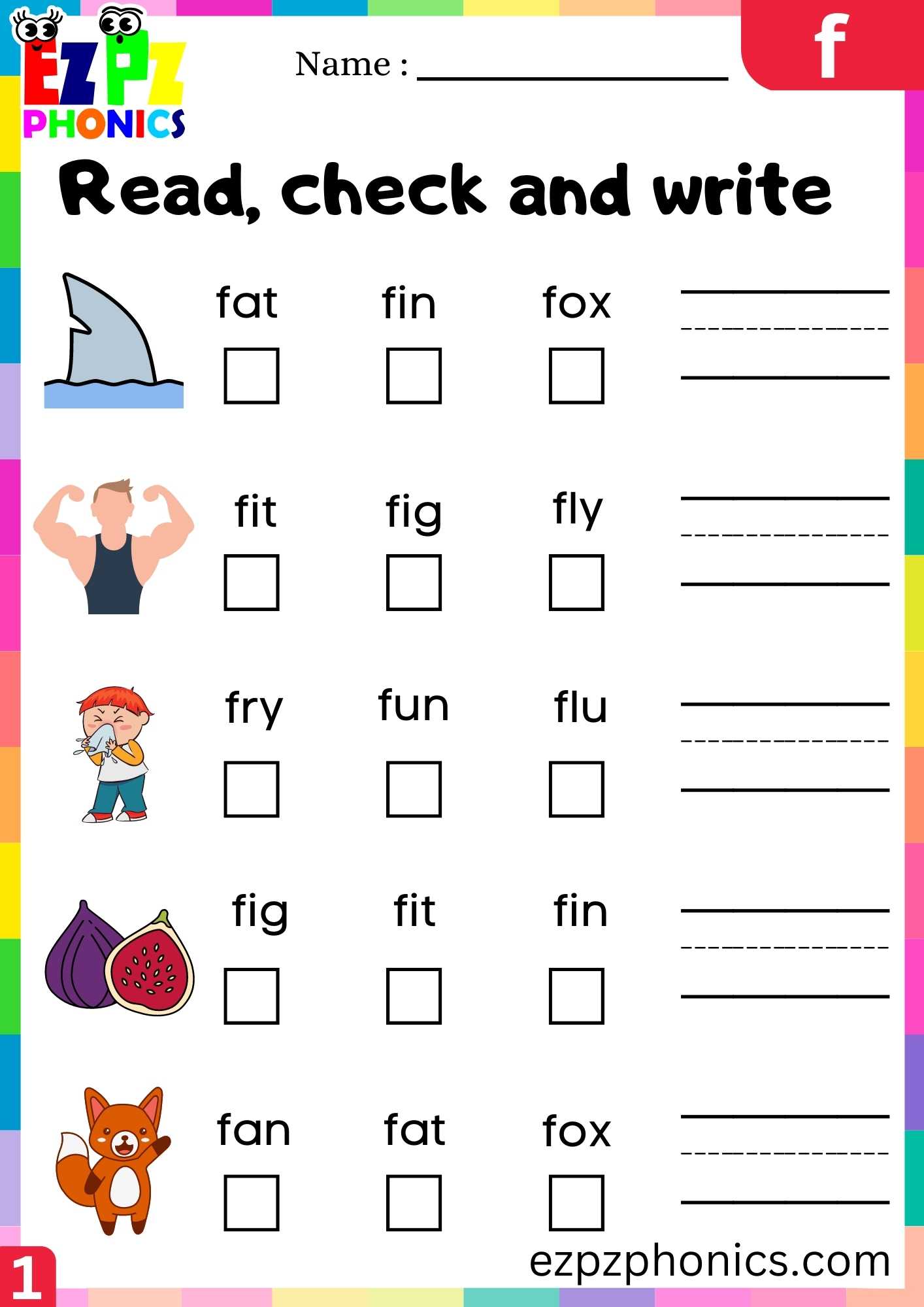 Letter F Read, Check And Write Beginning Sounds Worksheet - ezpzphonics.com