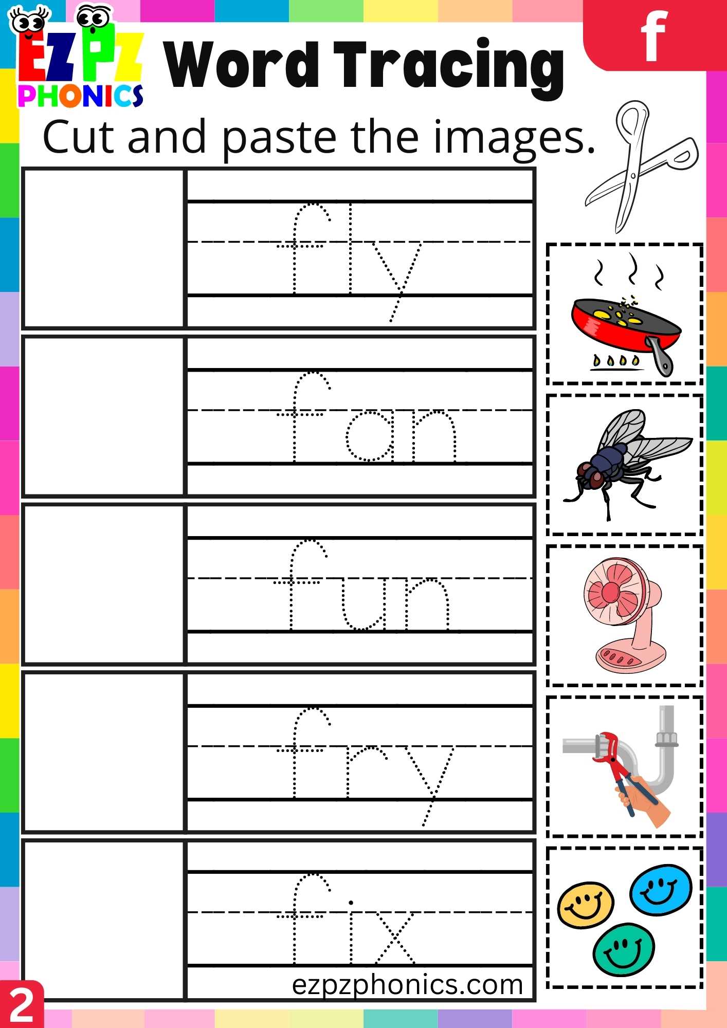 Group2 Letter F Word Tracing Beginning Sounds Worksheet - ezpzphonics.com