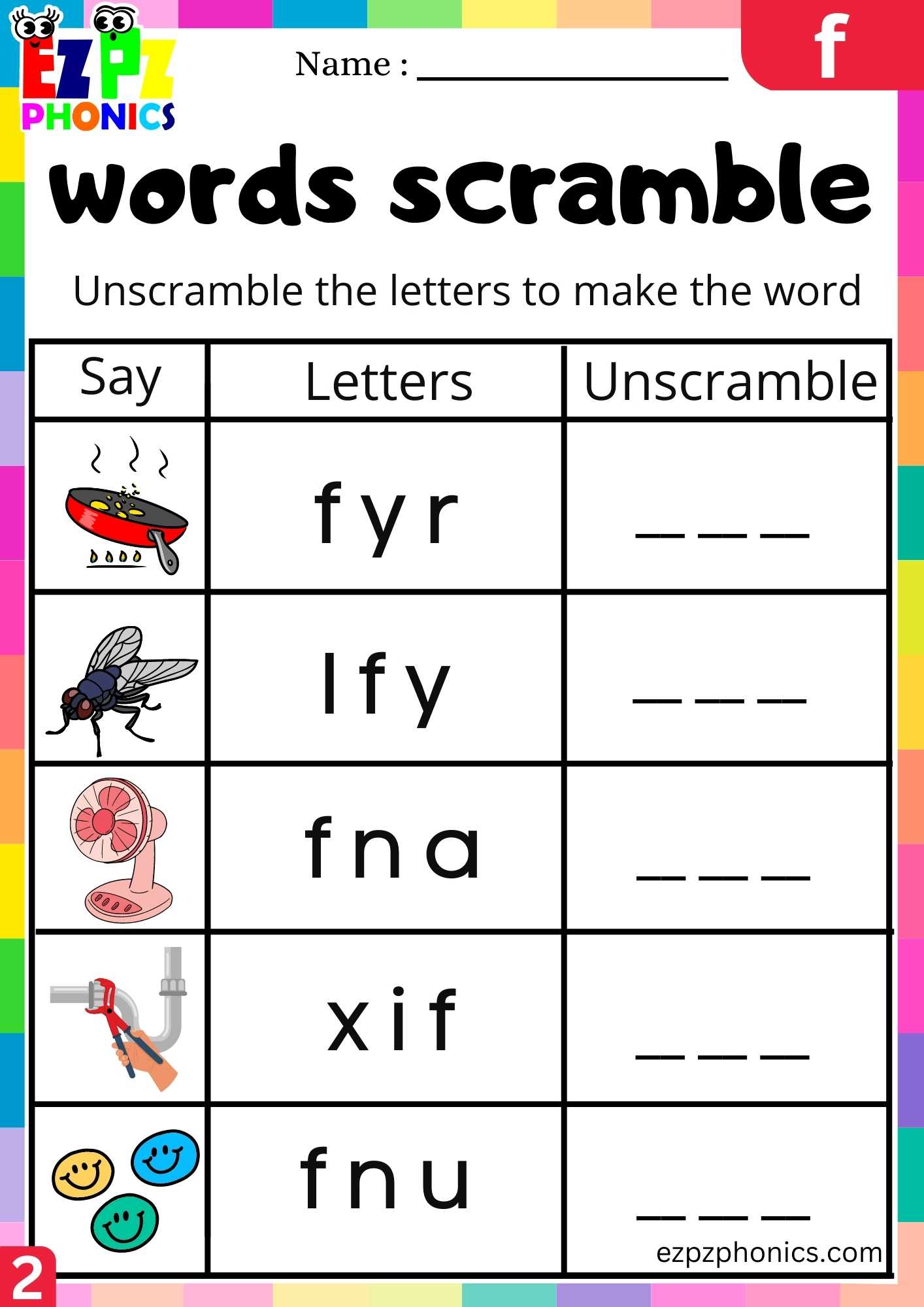 Group2 Letter F Words Scramble Beginning Sounds Worksheet - ezpzphonics.com