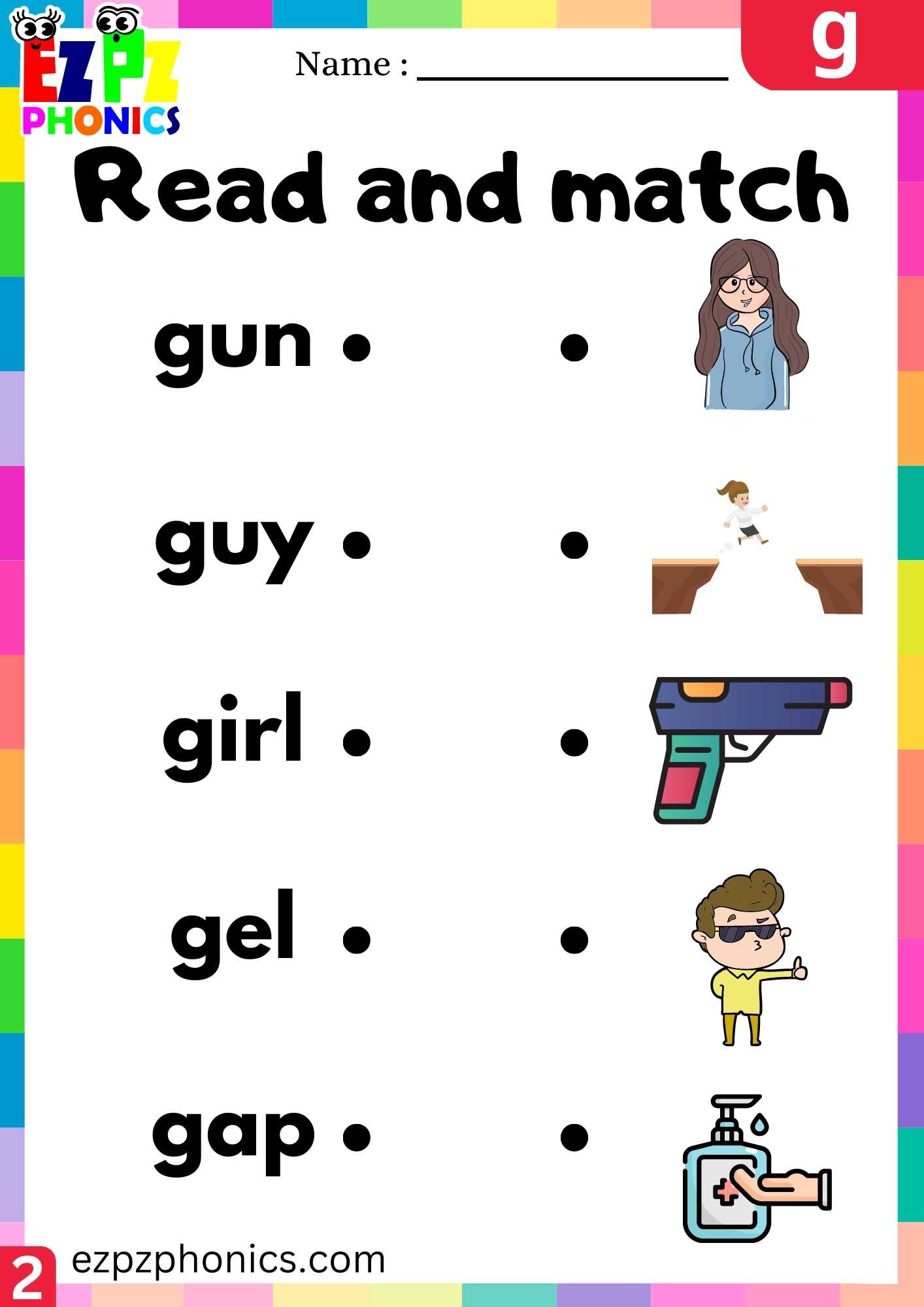 Group2 Letter G Read And Match Beginning Sounds Worksheet - ezpzphonics.com