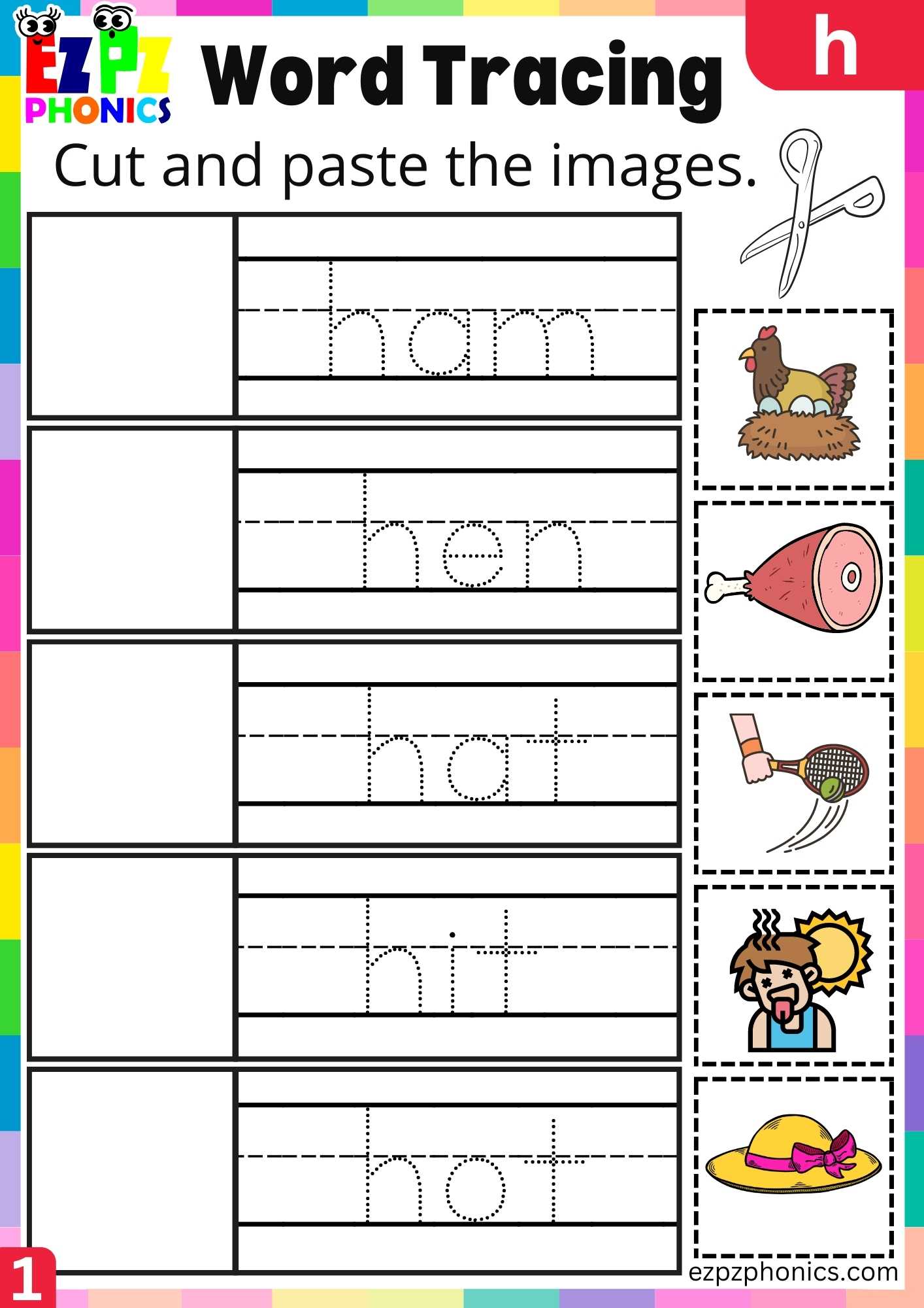 Letter H Word Tracing Beginning Sounds Worksheet - ezpzphonics.com