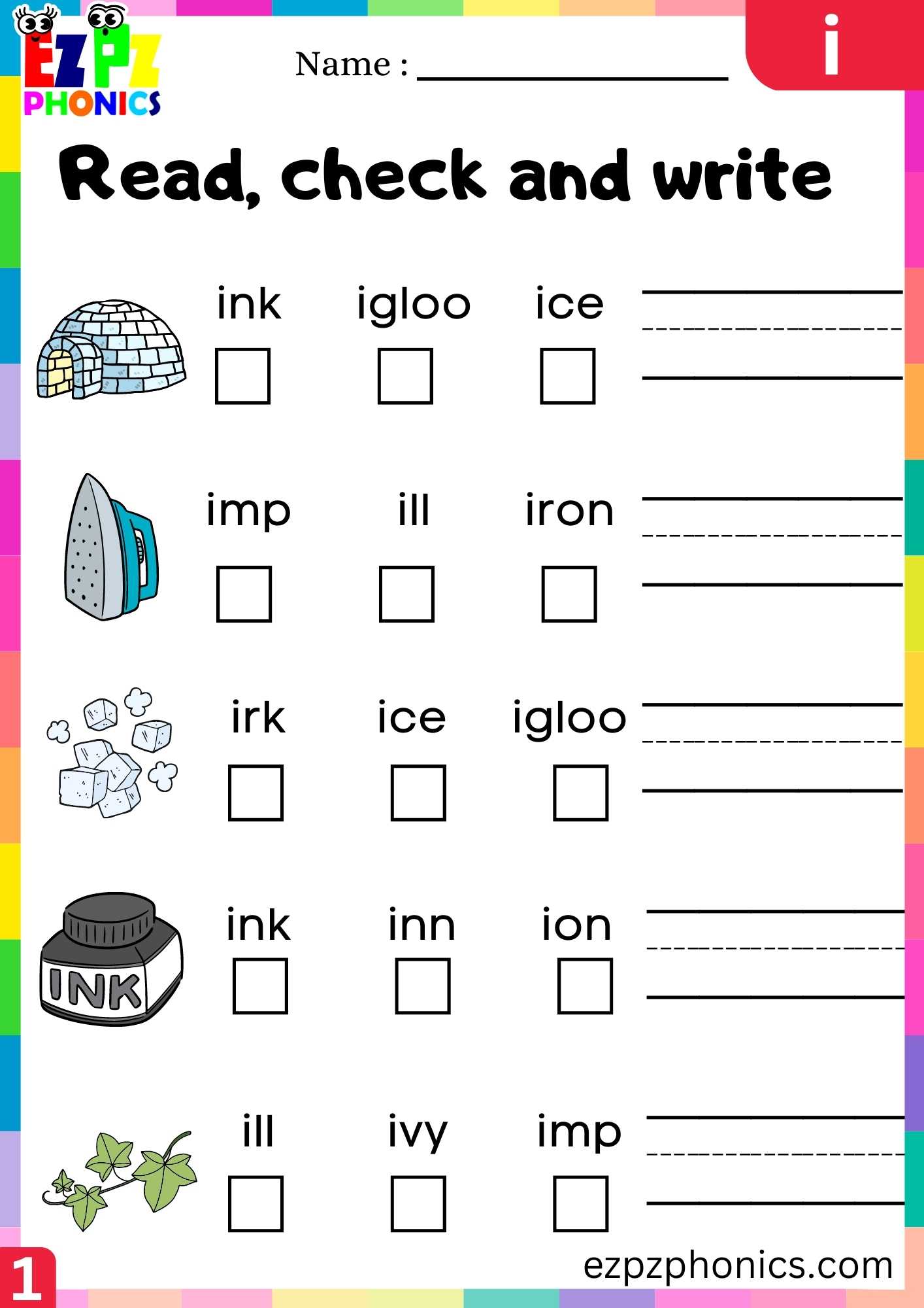 Letter I Read, Check And Write Beginning Sounds Worksheet - ezpzphonics.com