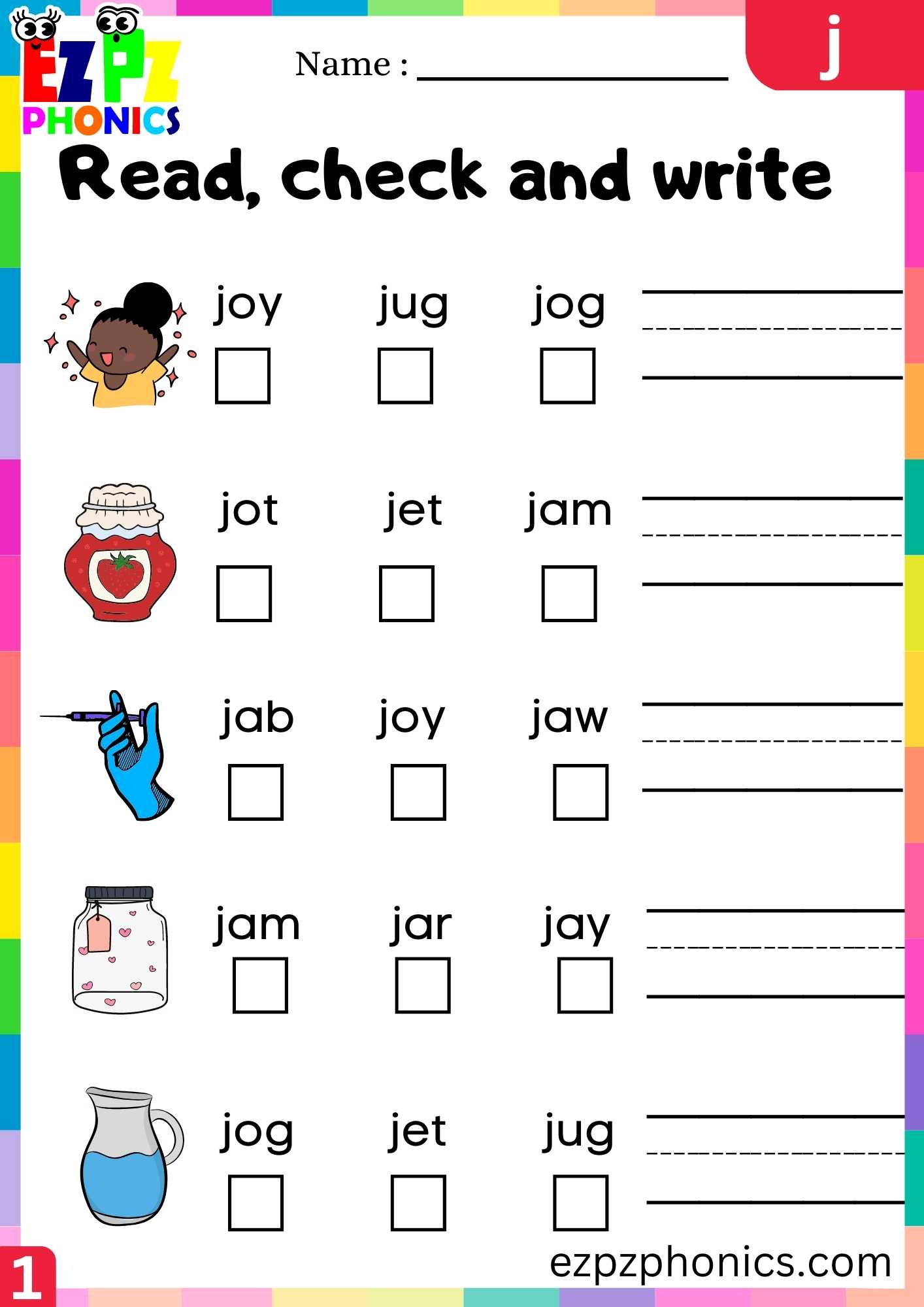 Letter J Read, Check And Write Beginning Sounds Worksheet - ezpzphonics.com