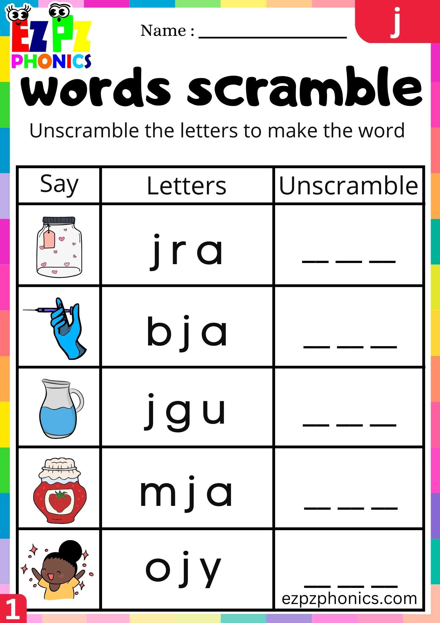 Letter J Words Scramble Beginning Sounds Worksheet - ezpzphonics.com