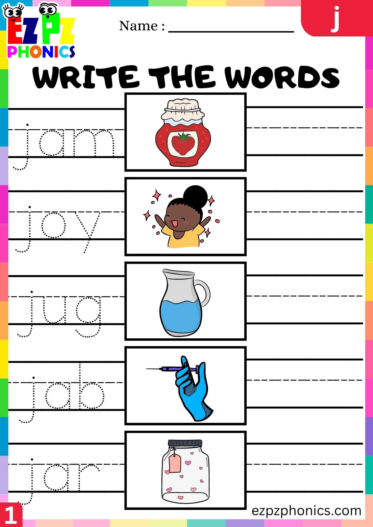 Letter J Write The Words Beginning Sounds Worksheet - ezpzphonics.com