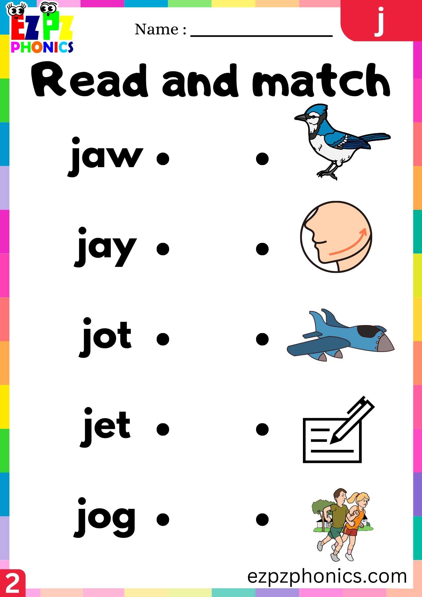 Group2 Letter J Read And Match Beginning Sounds Worksheet - ezpzphonics.com