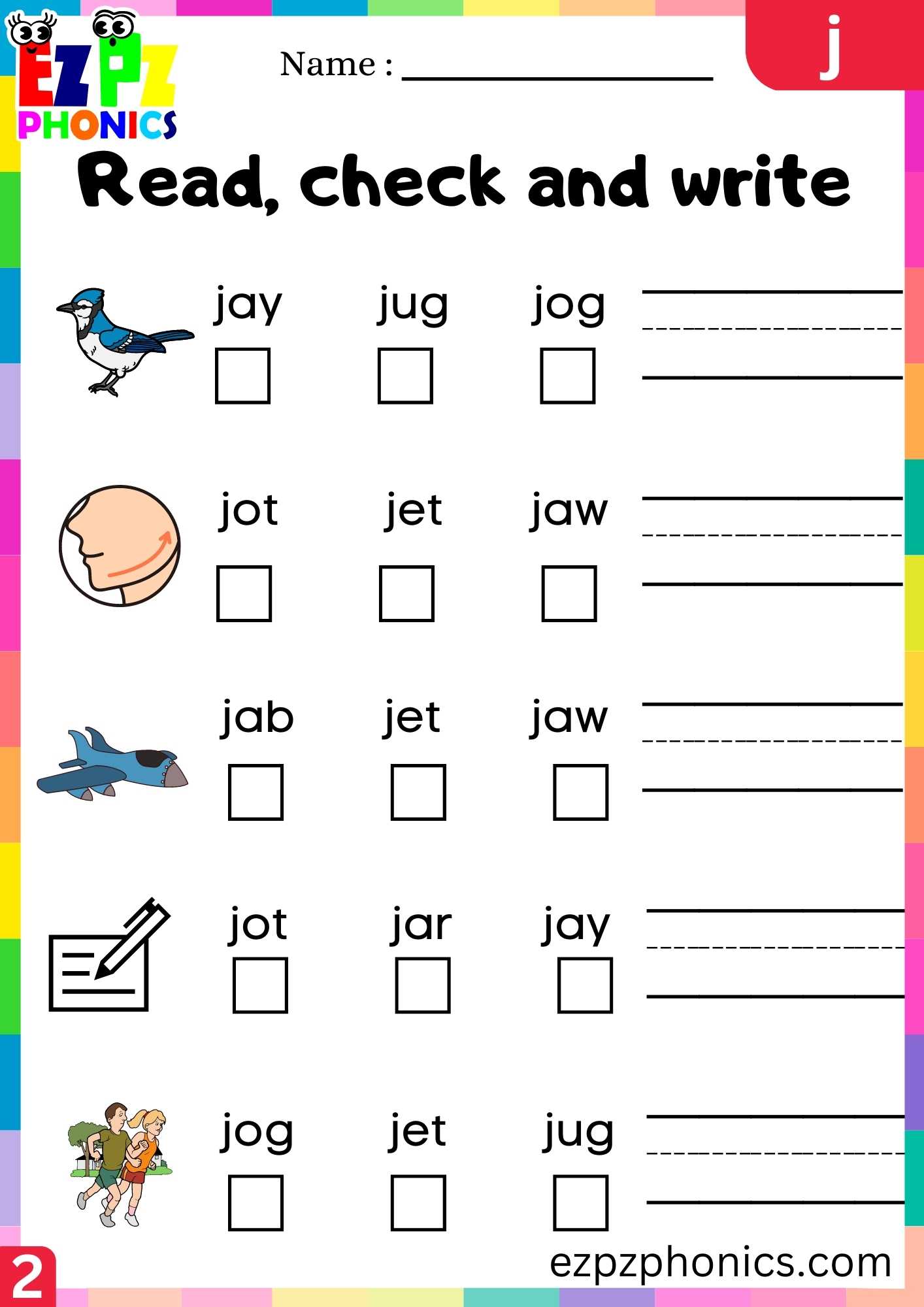 Group2 Letter J Read, Check And Write Beginning Sounds Worksheet ...