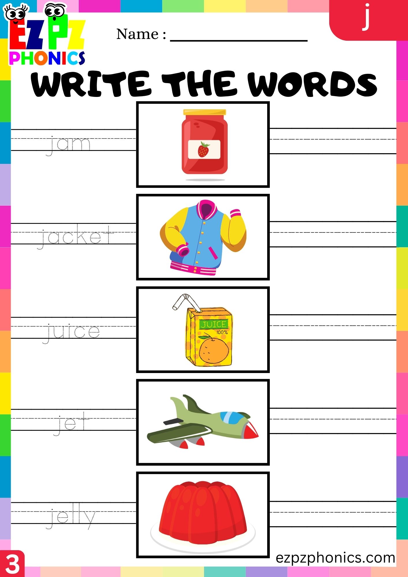 Letter j Write the Words Phonics Activity Group 3 - ezpzphonics.com