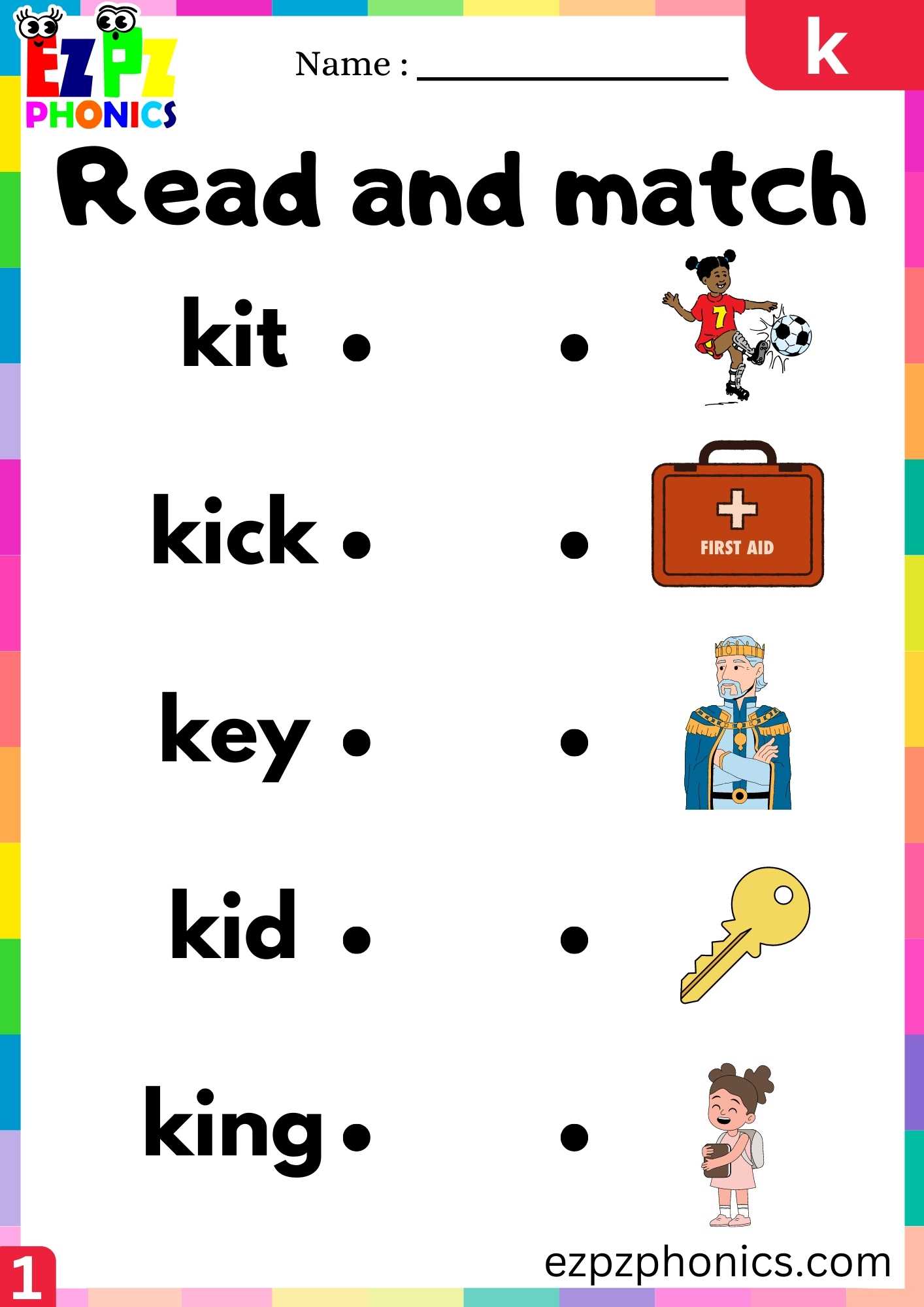 Letter K Read And Match Beginning Sounds Worksheet - ezpzphonics.com