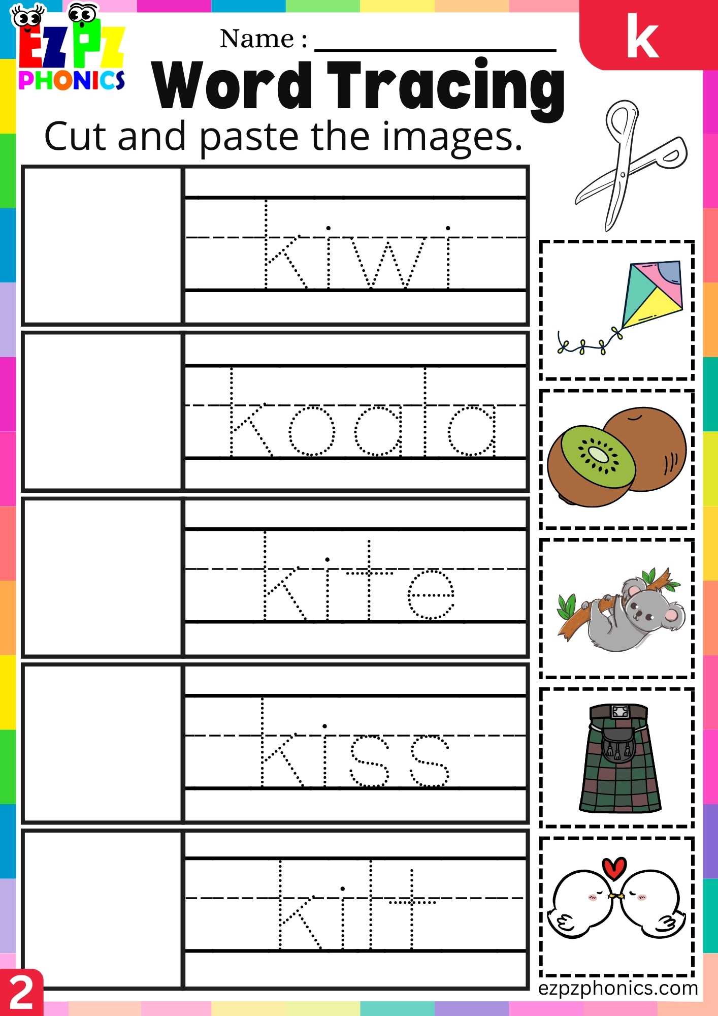 Group2 Letter K Word Tracing Beginning Sounds Worksheet - ezpzphonics.com