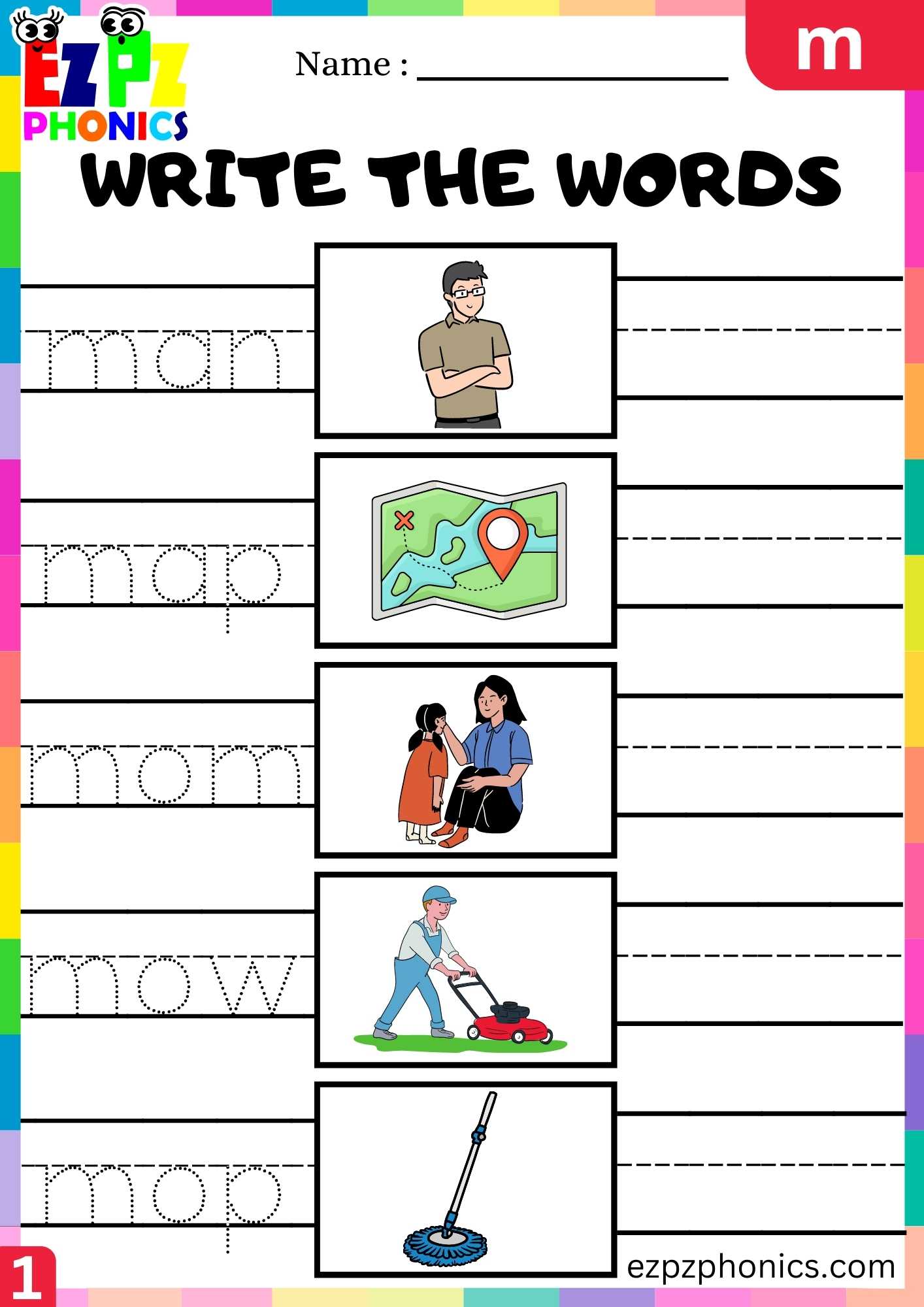 Letter M Write The Words Beginning Sounds Worksheet - ezpzphonics.com