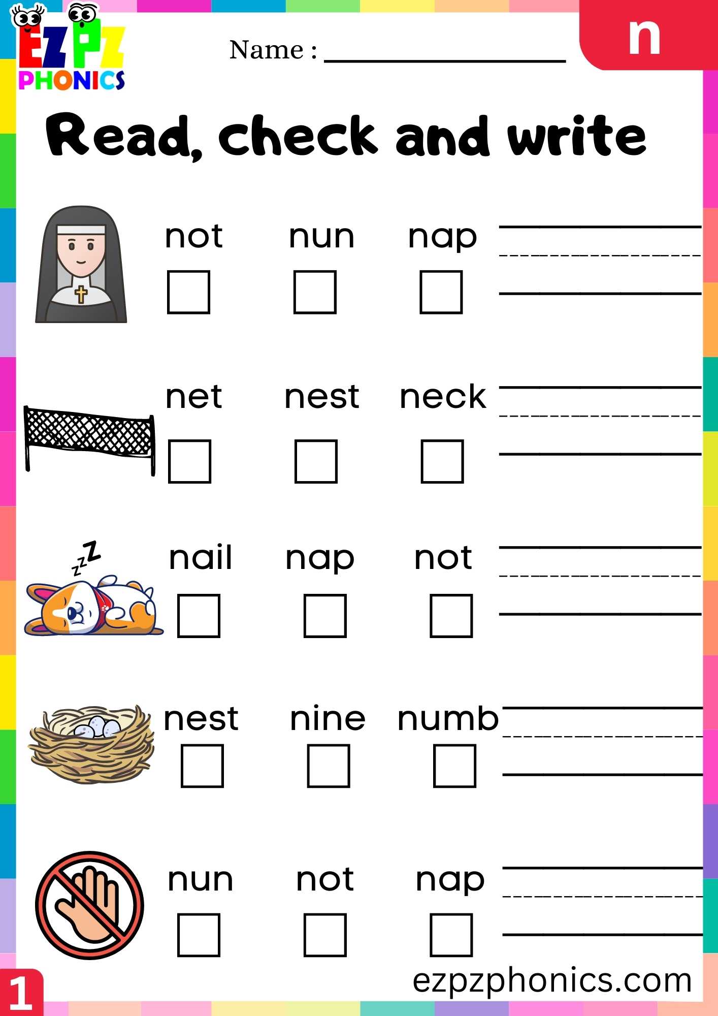 Letter N Read, Check And Write Beginning Sounds Worksheet - ezpzphonics.com