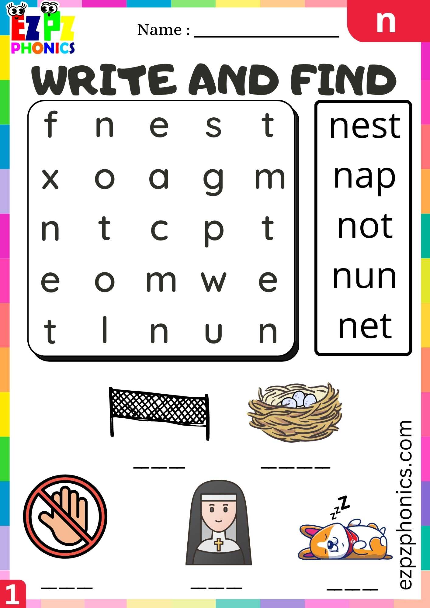 Letter N Write And Find Beginning Sounds Worksheet - ezpzphonics.com