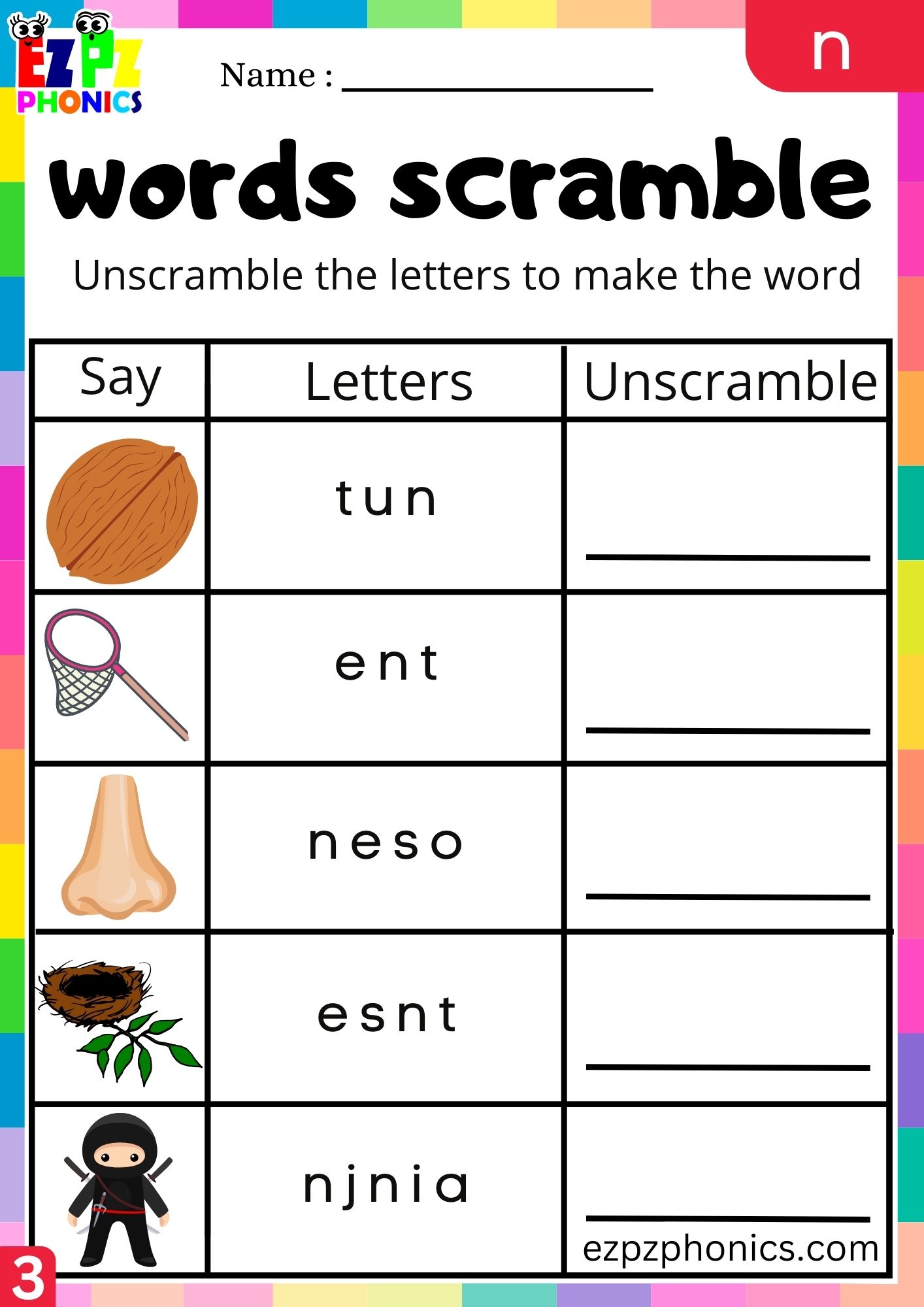 Letter n Word Scramble Write the Words Phonics Activity Group 3 ...