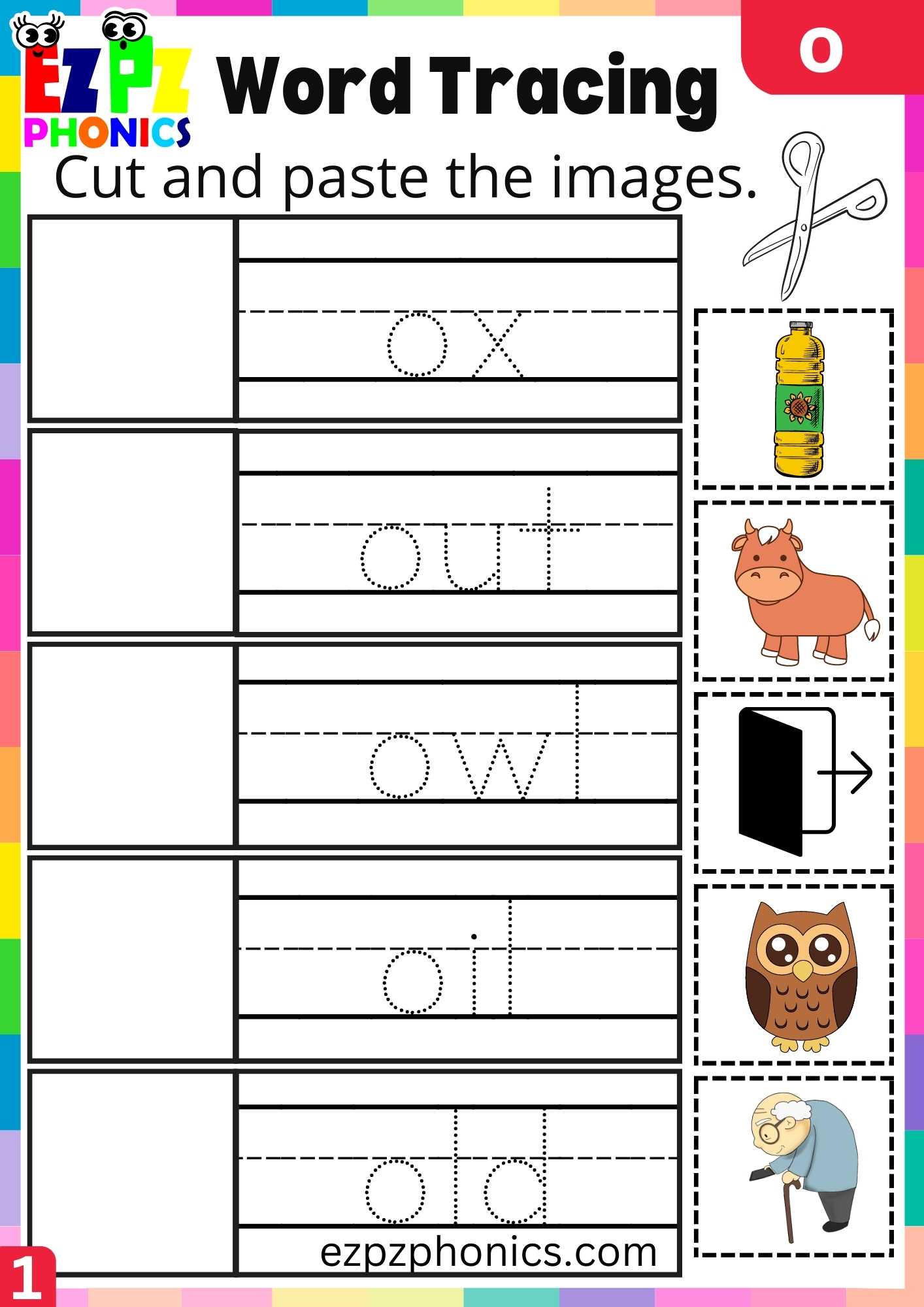 Letter O Word Tracing Beginning Sounds Worksheet - ezpzphonics.com