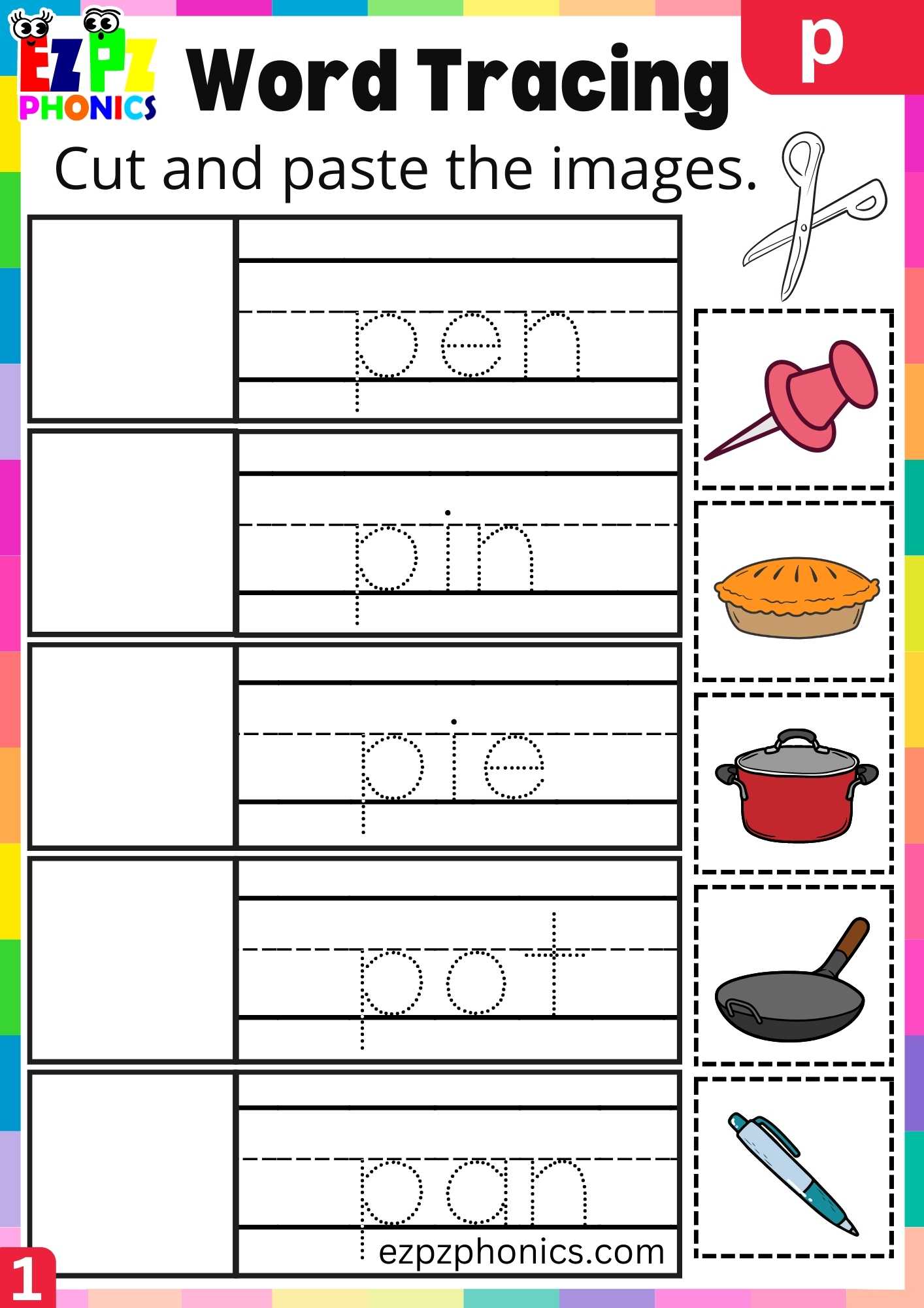 Letter P Word Tracing Beginning Sounds Worksheet - ezpzphonics.com