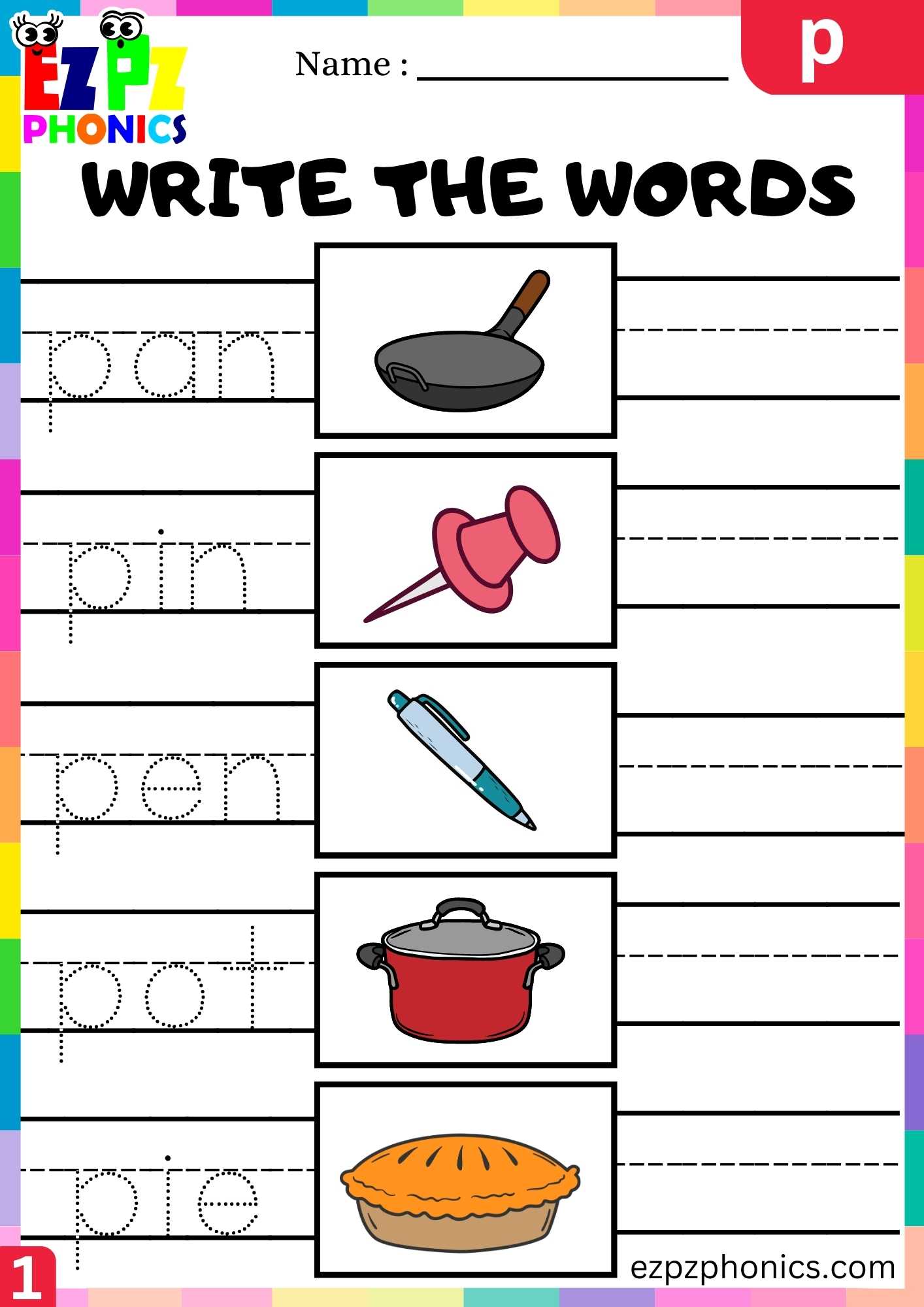 Letter P Write The Words Beginning Sounds Worksheet - ezpzphonics.com