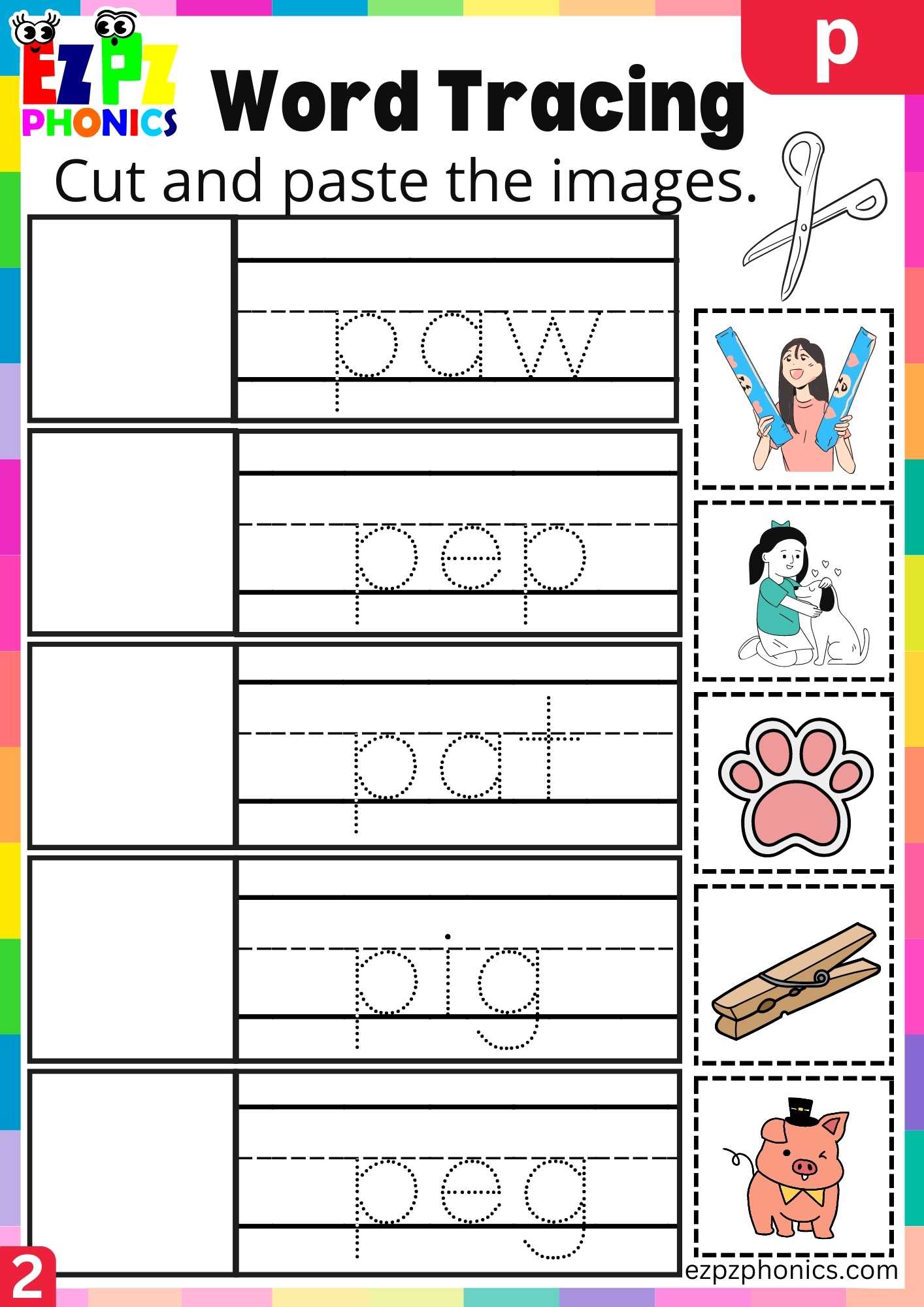 Group2 Letter P Word Tracing Beginning Sounds Worksheet - ezpzphonics.com