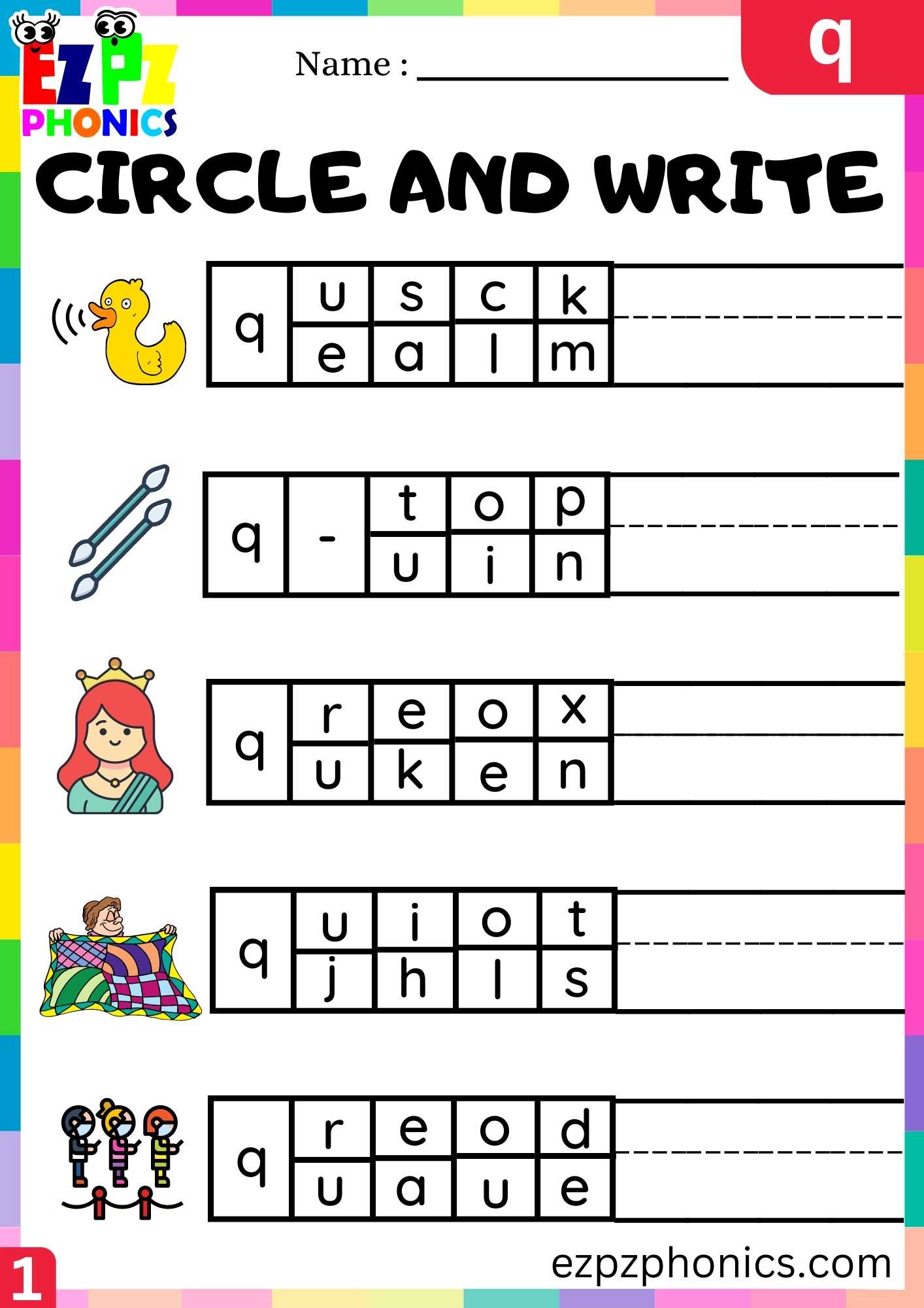 Letter Q Circle And Write Beginning Sounds Worksheet - ezpzphonics.com