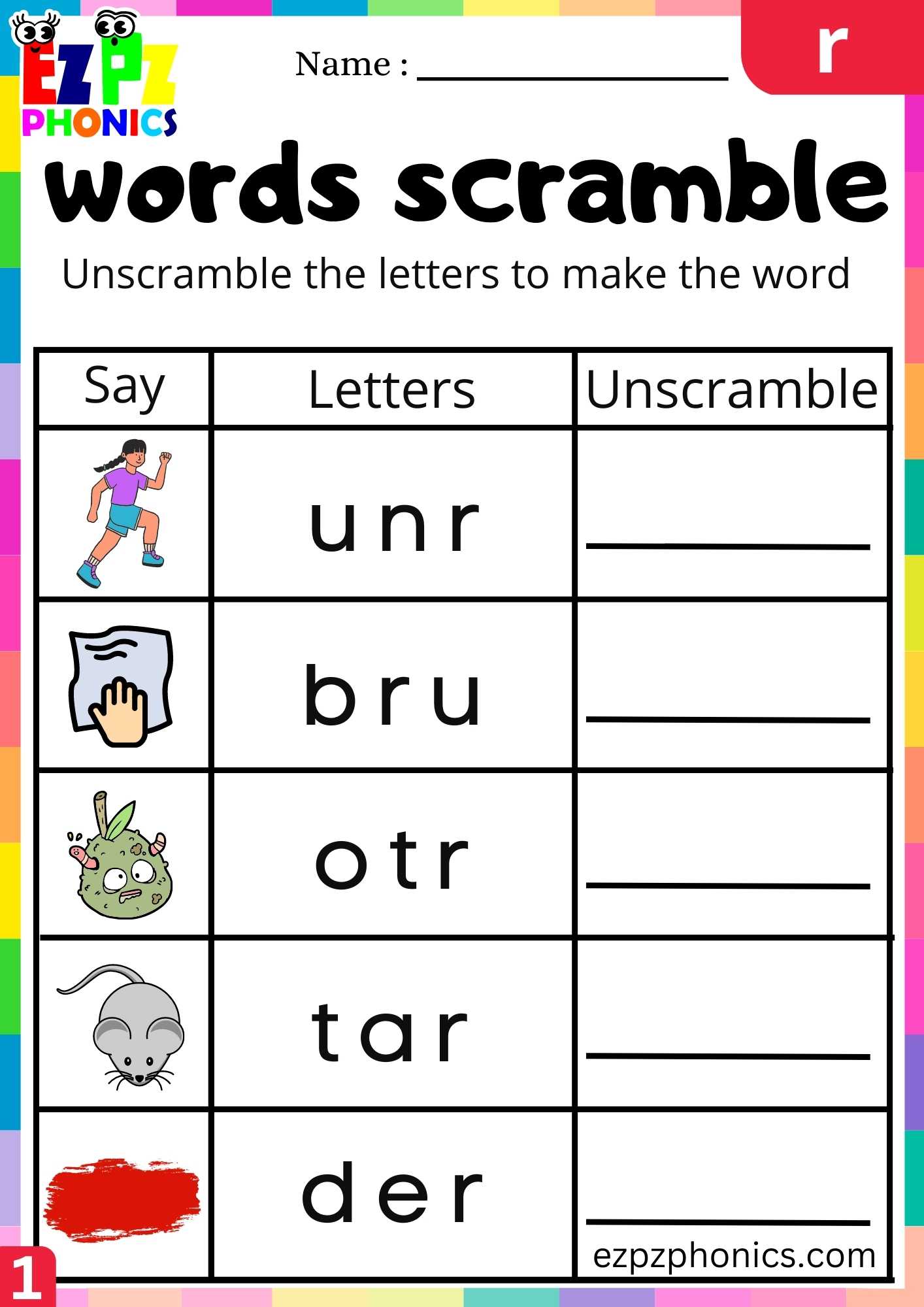 Letter R Words Scramble Beginning Sounds Worksheet - ezpzphonics.com