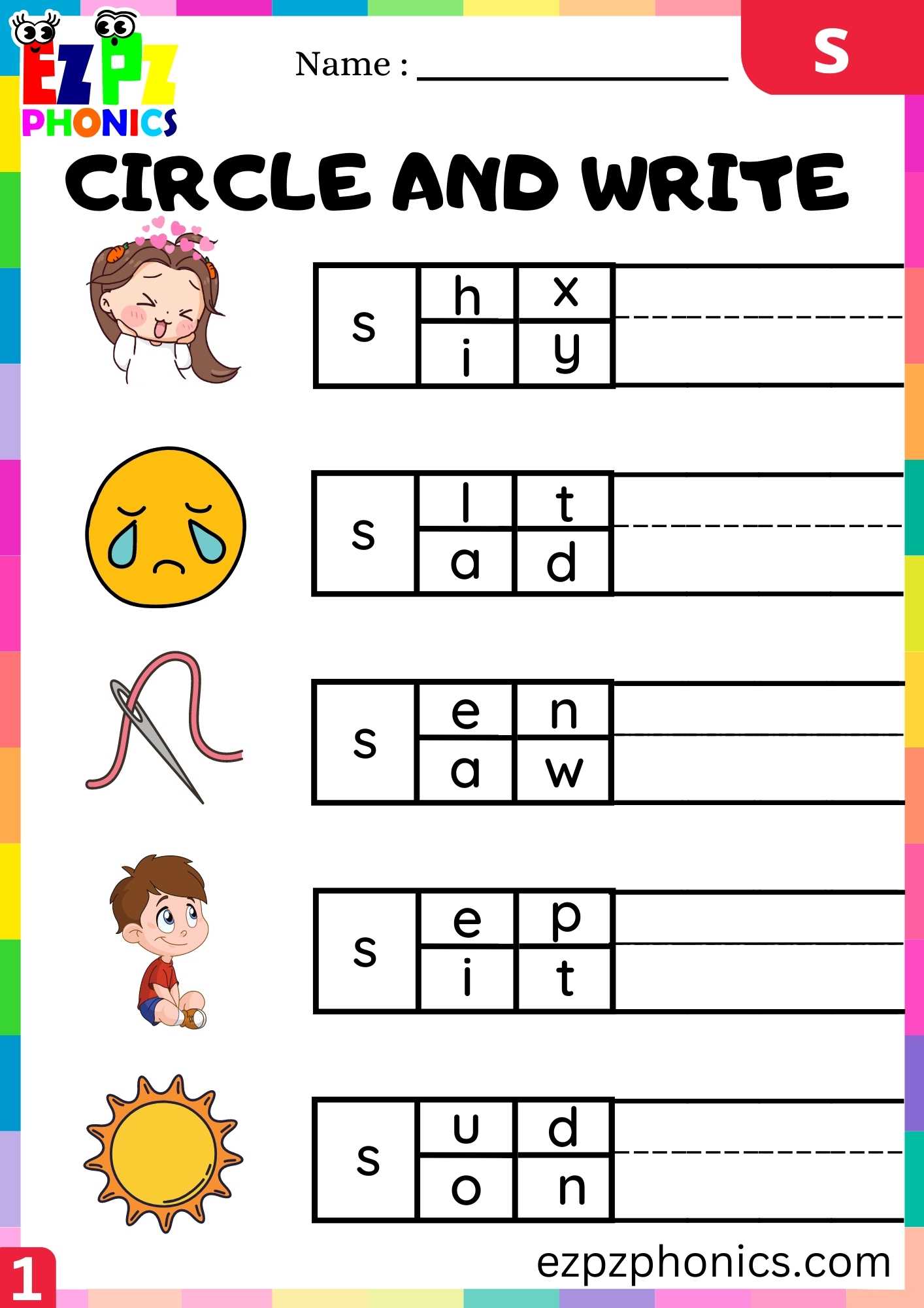 Letter S Circle And Write Beginning Sounds Worksheet - ezpzphonics.com