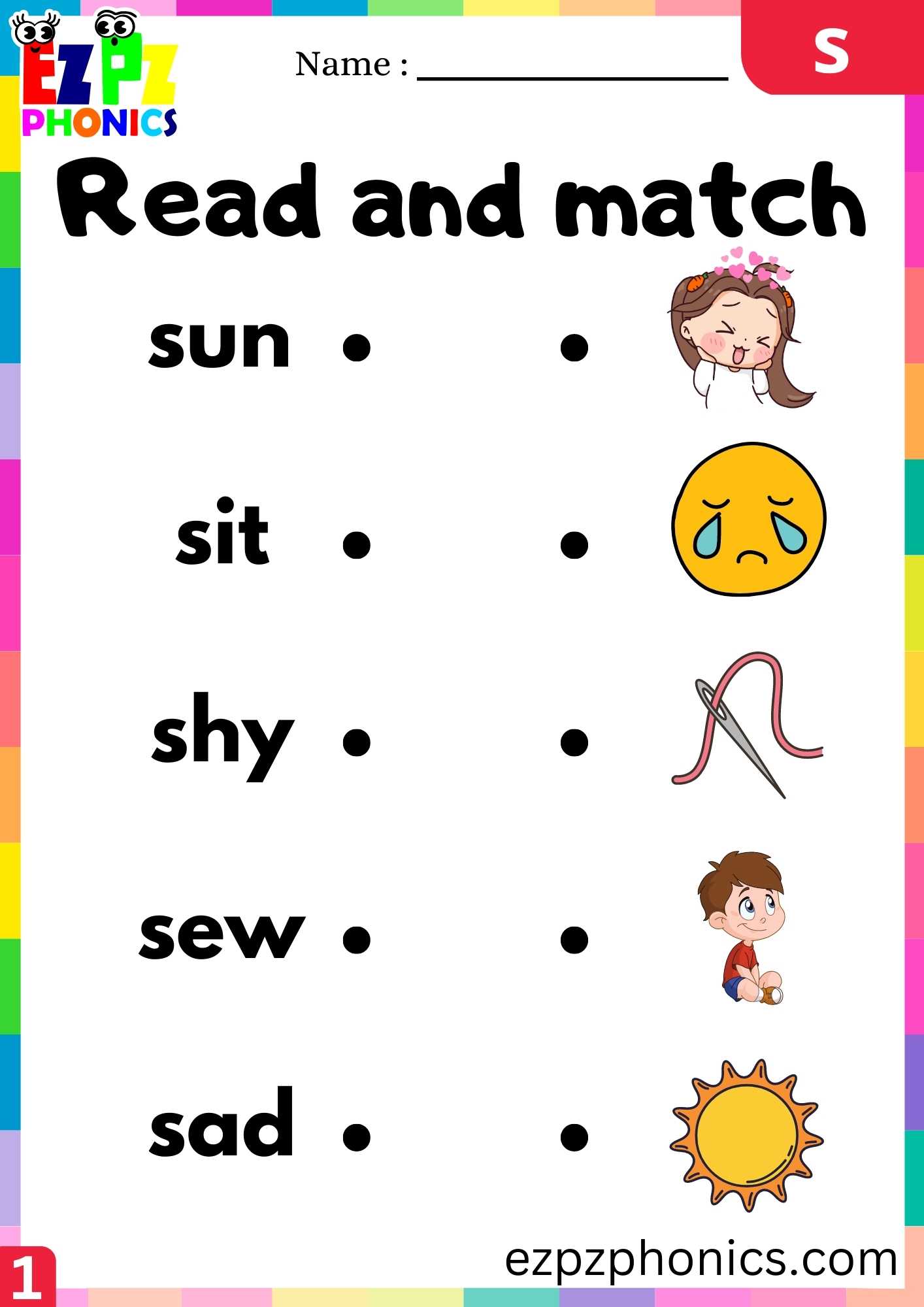 Letter S Read And Match Beginning Sounds Worksheet - ezpzphonics.com