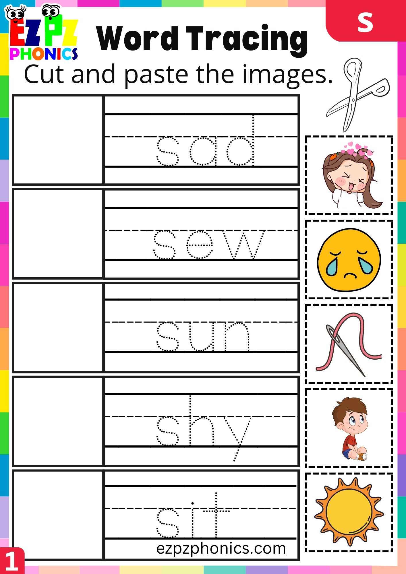 Letter S Word Tracing Beginning Sounds Worksheet - ezpzphonics.com